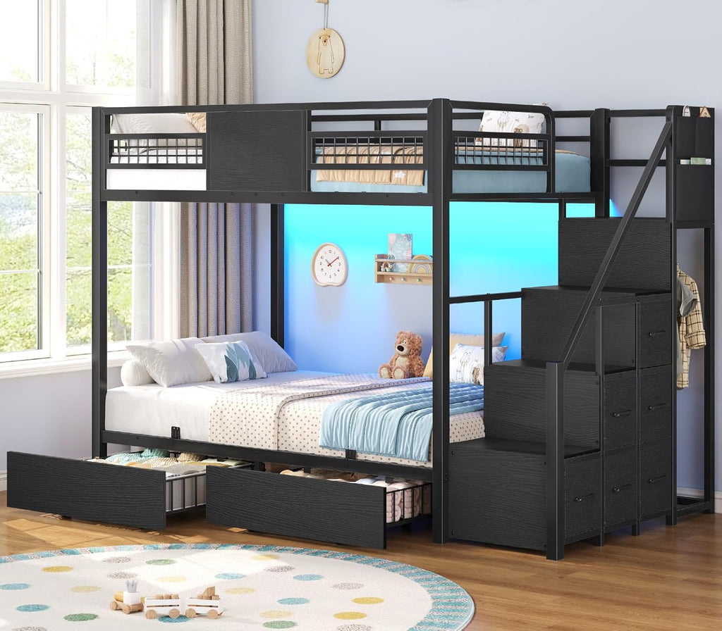 BTHFST Bunk Bed Twin Over Twin with Stairs, LED Lights Twin Bunk Bed with 2 Storage Drawers & 6 Fabric Drawers, Metal Twin Loft Beds with Guardrail & Stairs, Space Saving, Sturdy Frame for Teens