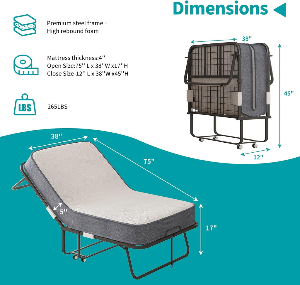 BALUS Folding Bed with Mattress for Adults, 75 ''L X 38''W Rollaway Bed with 5'' Memory Foam Mattress, Fold Out Guest Beds with Wheels, Metal Frame Portable Twin Bed for Space Saving(Standard)