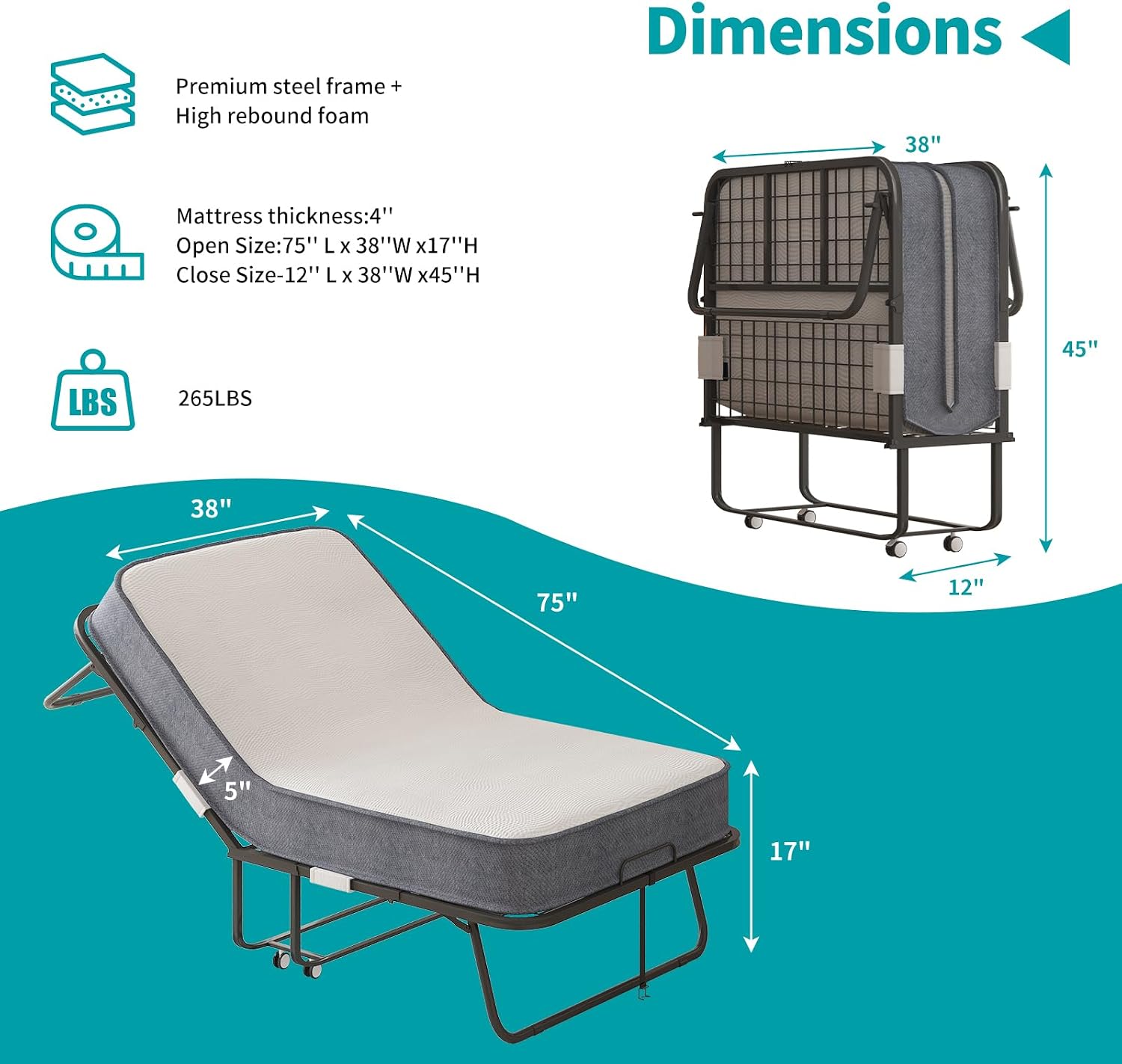 BALUS Folding Bed with Mattress for Adults, 75 ''L X 38''W Rollaway Bed with 5'' Memory Foam Mattress, Fold Out Guest Beds with Wheels, Metal Frame Portable Twin Bed for Space Saving(Standard)