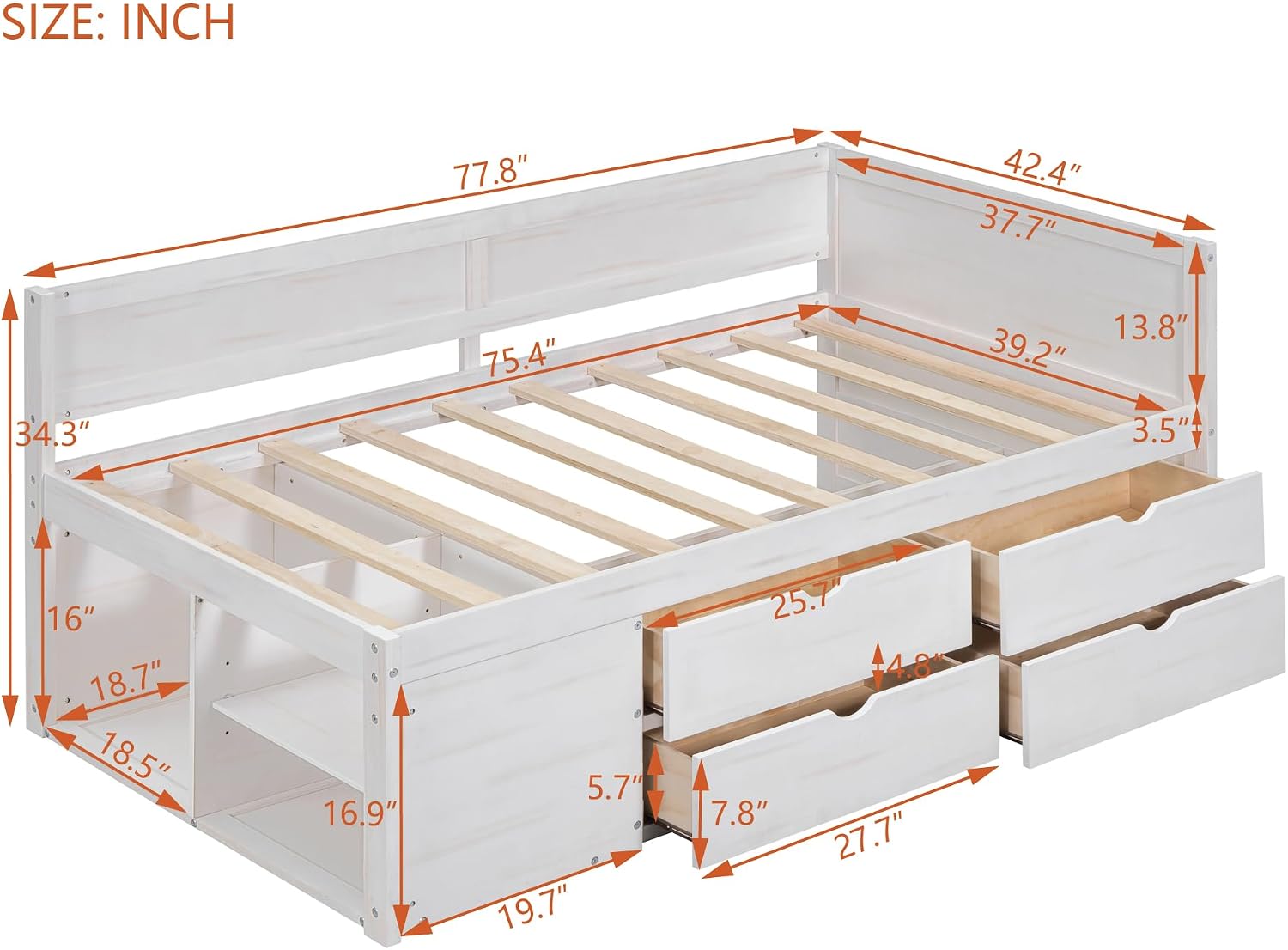 Twin Size Daybed with 4 Pull-Out Drawers and 3 Functioning Shelves,Solid Wood Day Bed Frame with Wooden Slats Support for Bedroom,No Box Spring Required (White-AB40)