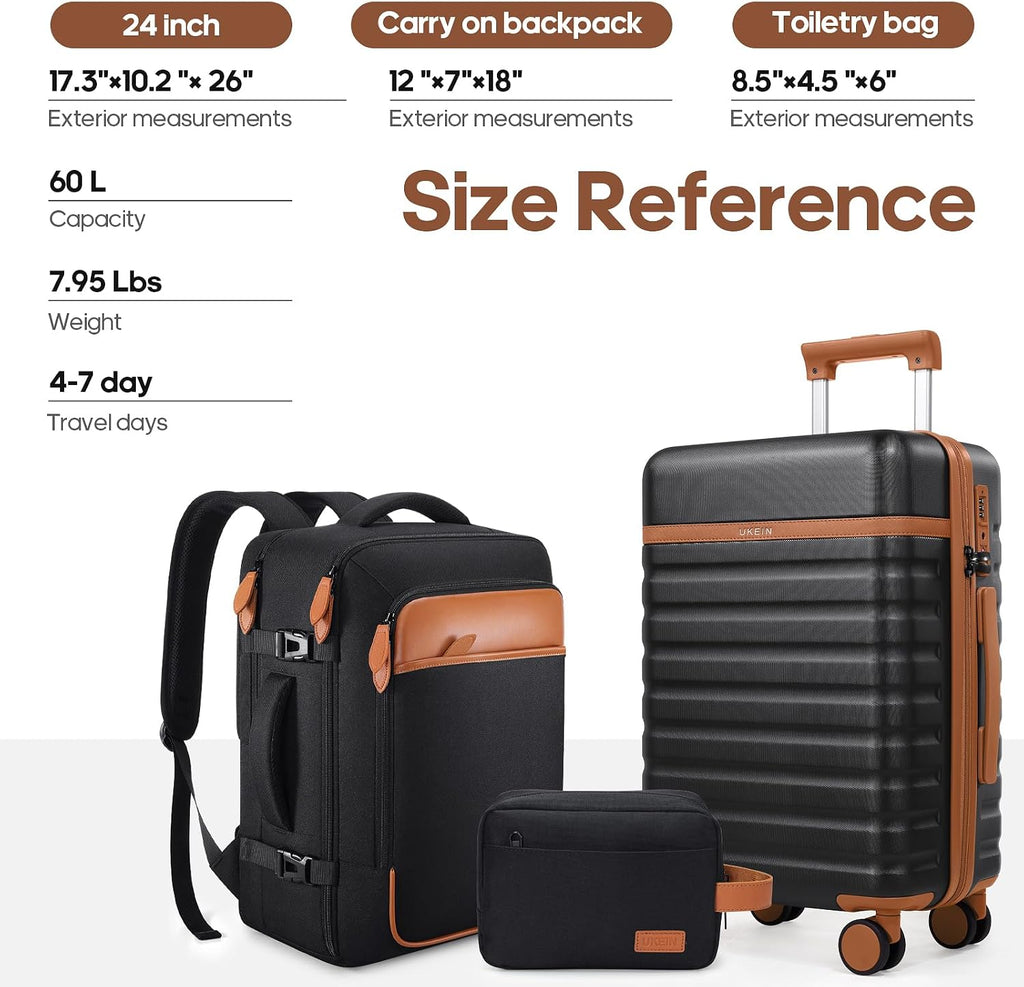 UKEIN Luggage Sets 3 Piece, PC Hardside Checked Luggage 24 Inch With Spinner Wheels with TSA Lock, Large Suitcase Set With Travel Backpack for Men (Black, 3 piece set (24inch))