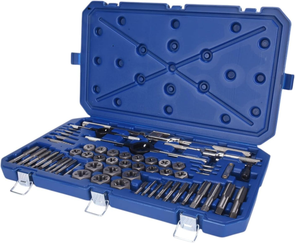 Century Drill & Tool Metric Tap and Die Set, 58-Pc Heat Treated Steel Hand Cutting Taps & Dies Includes Wrenches, Screw Extractors, Pitch Gauge & More - 98957