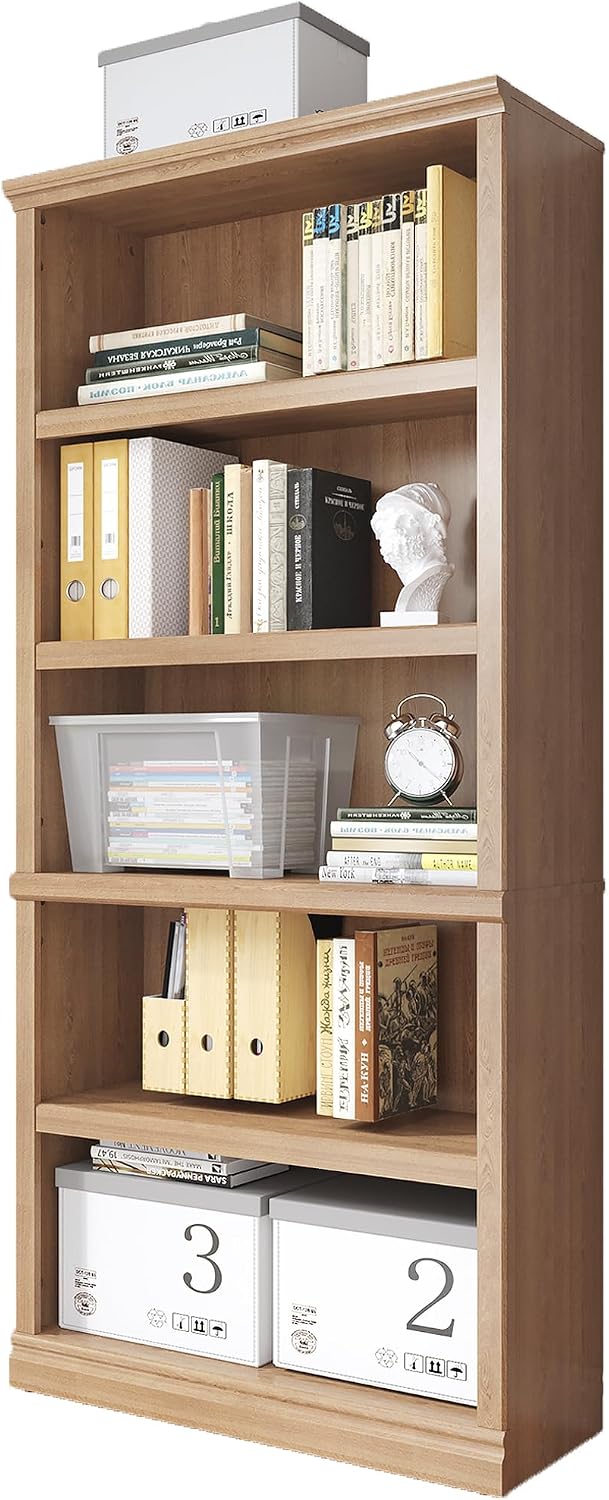 Bevfint 70 in Tall Bookcase, White Bookshelf Open Storage 5-Tier Shelves, 33 inch Wide Floor Standing Indoor Furniture, Book Cases for Home School Library Office Bedroom Kids, Oak 5 Tiers
