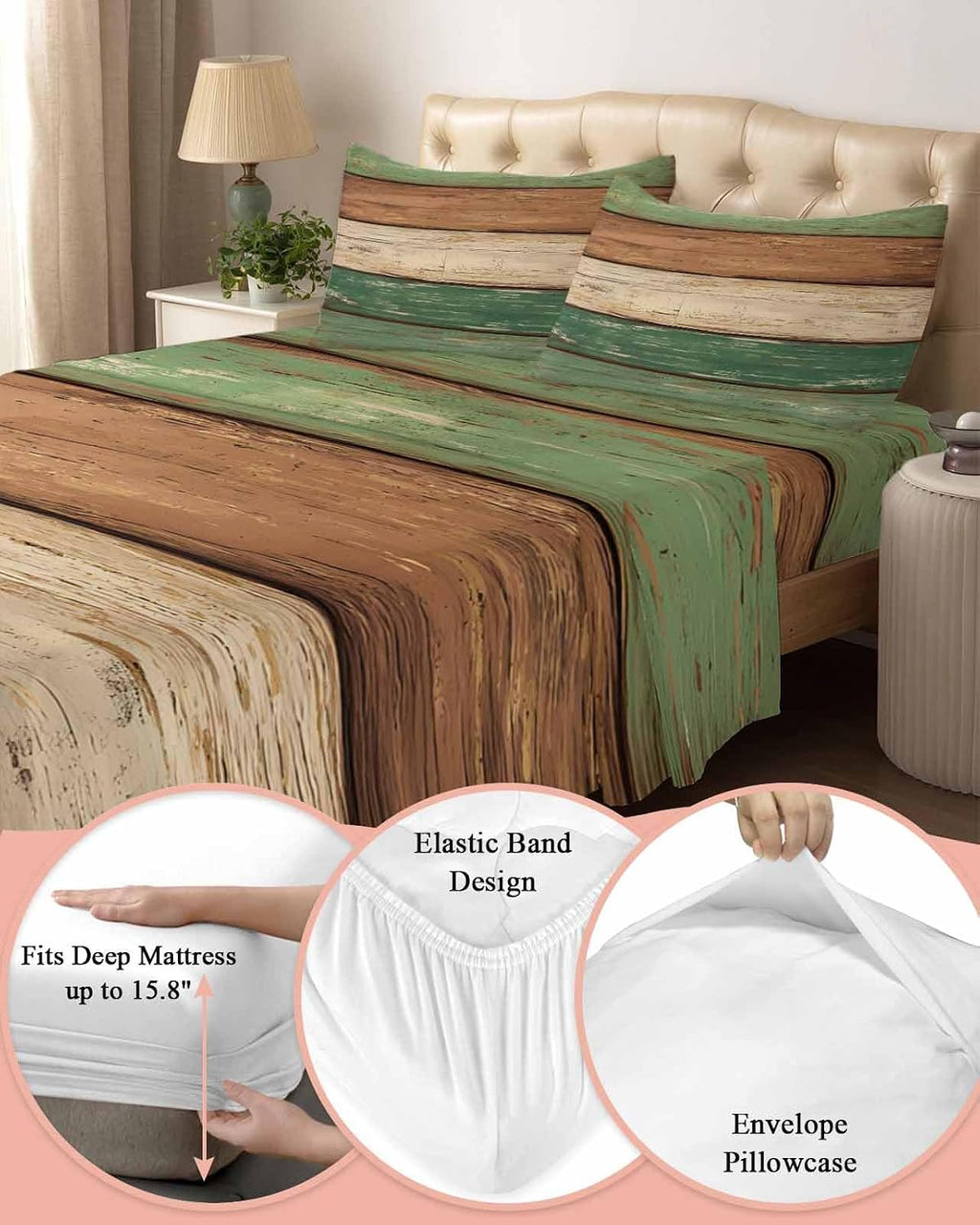 Farmhouse Dark Sage Green Brown Cal King Sheet Set 4 Piece Bedding - Vintage Wooden Striped Breathable Comfy Cooling Bed Sheets & Pillowcase Sets, Hotel Luxury Flat Sheets Deep Pockets Fitted Sheet
