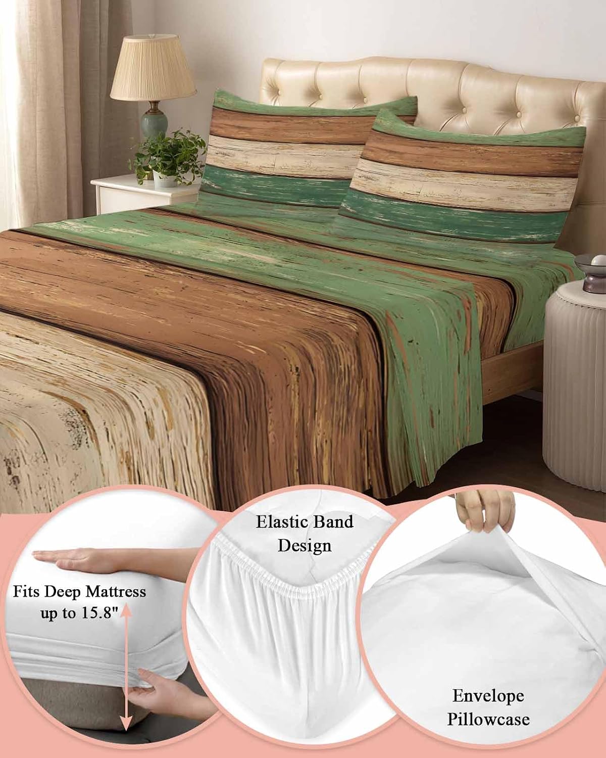 Farmhouse Dark Sage Green Brown Cal King Sheet Set 4 Piece Bedding - Vintage Wooden Striped Breathable Comfy Cooling Bed Sheets & Pillowcase Sets, Hotel Luxury Flat Sheets Deep Pockets Fitted Sheet
