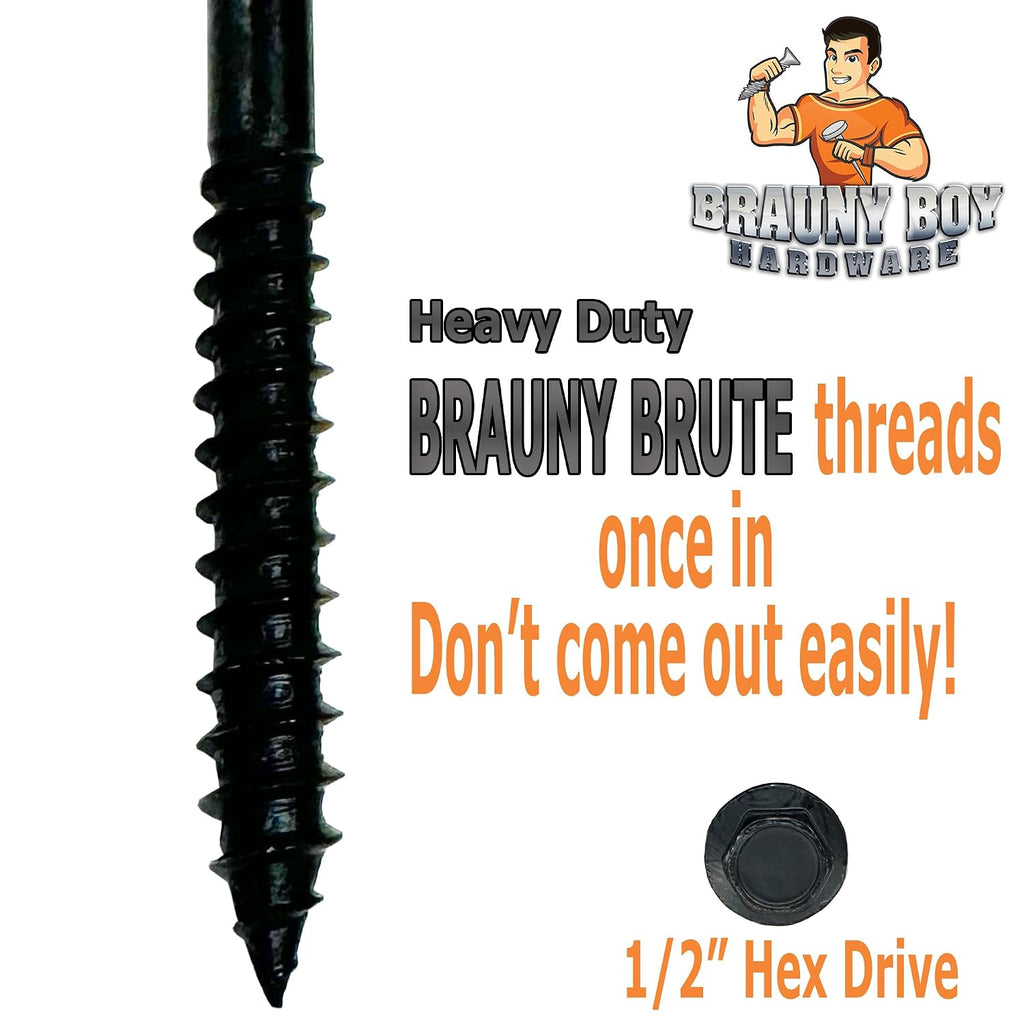 (100) 3/8' X 4' Black Hex Head Lag Wood Screws, Heavy Duty lag Bolts for Timber, Tree Houses, Fences by BRAUNY BOY HARDWARE -Qty 100