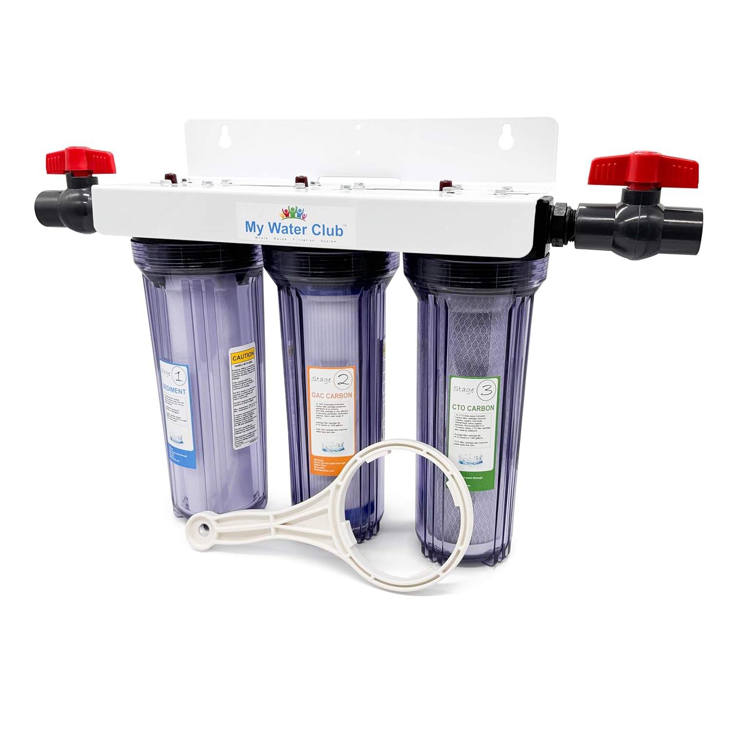 Whole House 3-Stage Water Filtration System, 3/4' port with 2 valves and extra 1 year filter supply (2 sets, 6 pcs)