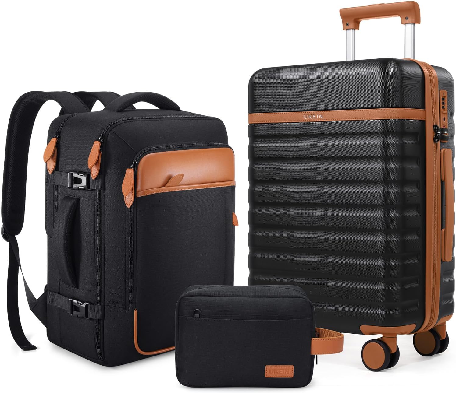 UKEIN Luggage Sets 3 Piece, PC Hardside Checked Luggage 24 Inch With Spinner Wheels with TSA Lock, Large Suitcase Set With Travel Backpack for Men (Black, 3 piece set (24inch))
