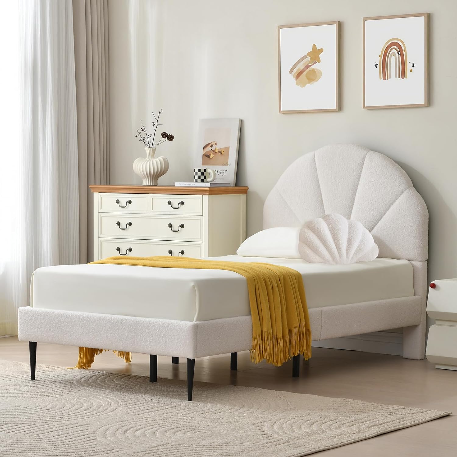 VELOCAVA Twin Size White Boucle Bed with Seashell Headboard, Upholstered Platform Girls Bed with Soft Rounded Corners, Wooden Slats Support, No Box Spring Needed, Easy Assembly