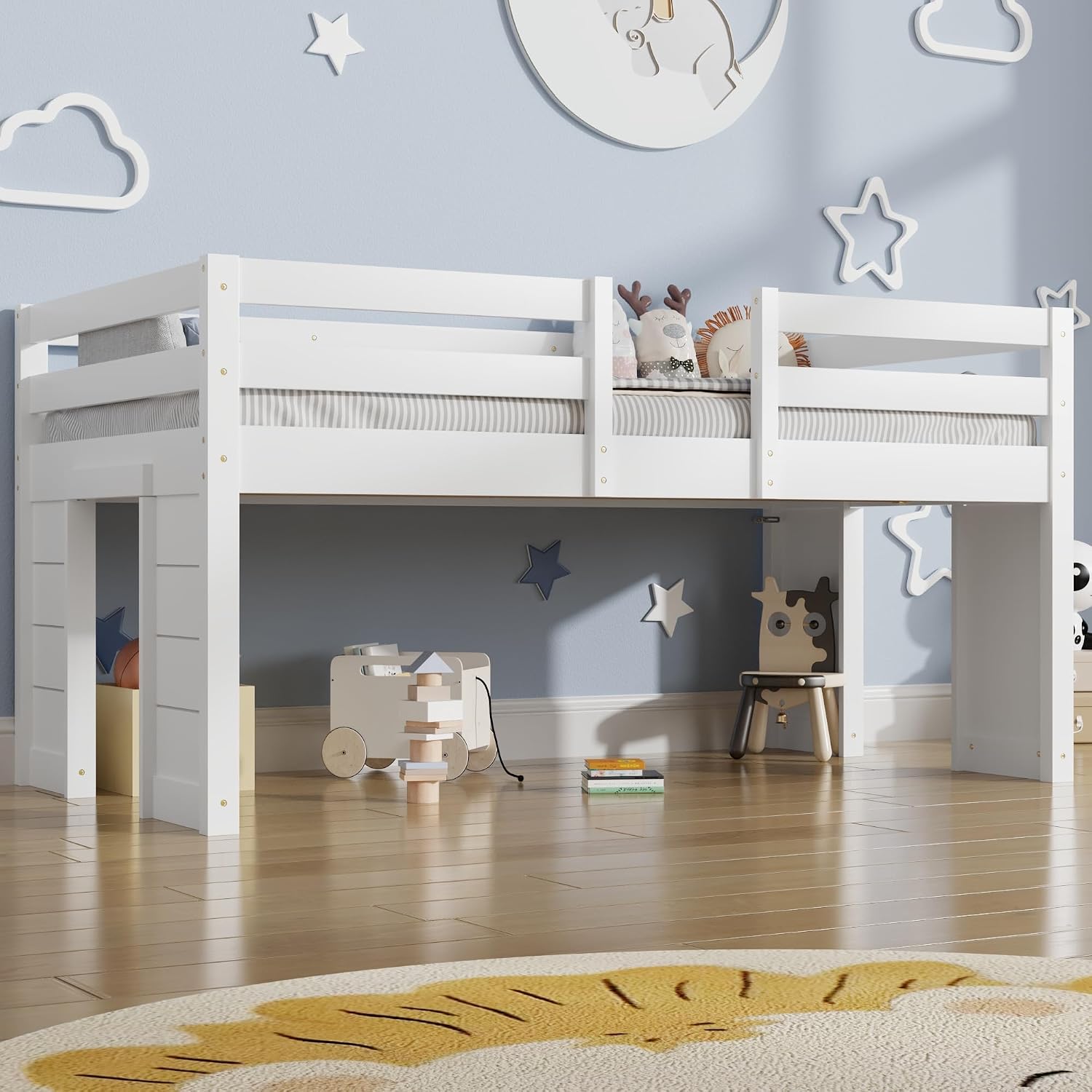 St.Mandyu Twin Size Low Loft Bed with LED Lights, Twin Loft Bed with Stairs, Bookcase, Safety Guardrail and Under-Bed Play Space, White