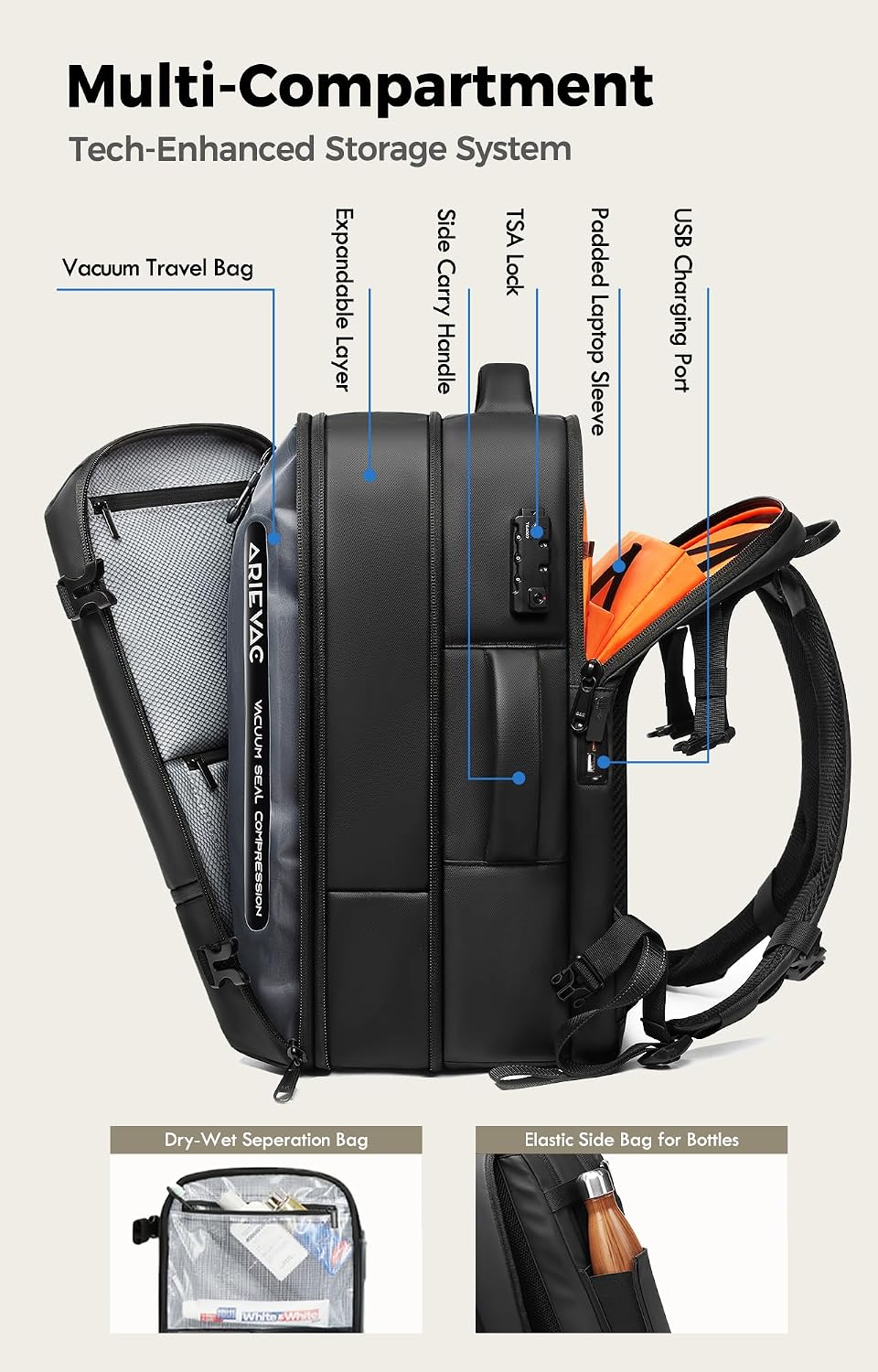 IKYWT Vacuum Seal Backpack Travel with Ultra-Power Pump, 80L Expandable Travel Backpack with Vacuum System w/TSA Lock