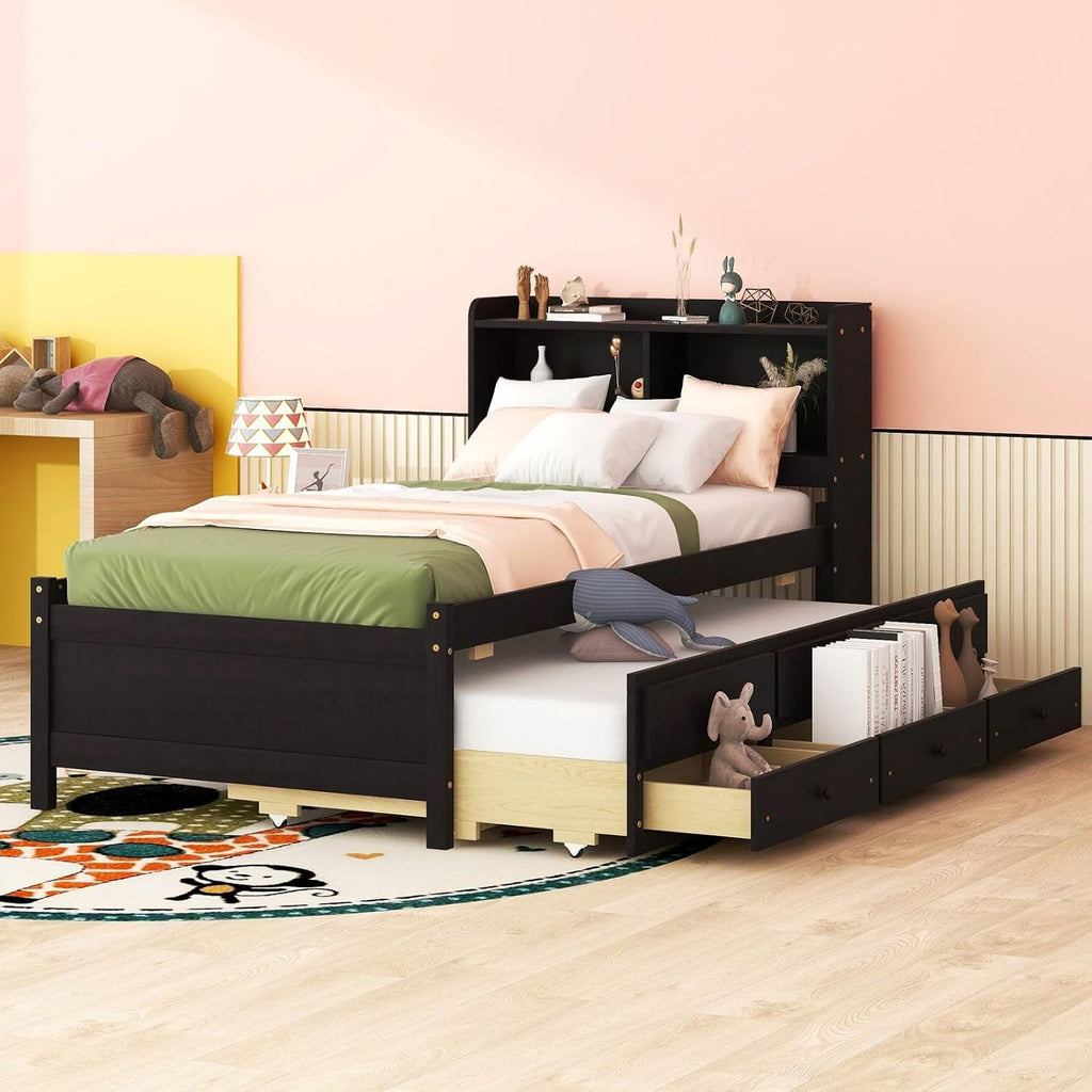 KEVINSPACE LED Bed Frame Twin Captains Bed Storage Daybed with Trundle Set, USB,Type-C Ports,LED Light Bed, Twin Size Beds Wooden Platform Bed with 3 Drawers and Bookcase Headboard Bedroom Espresso
