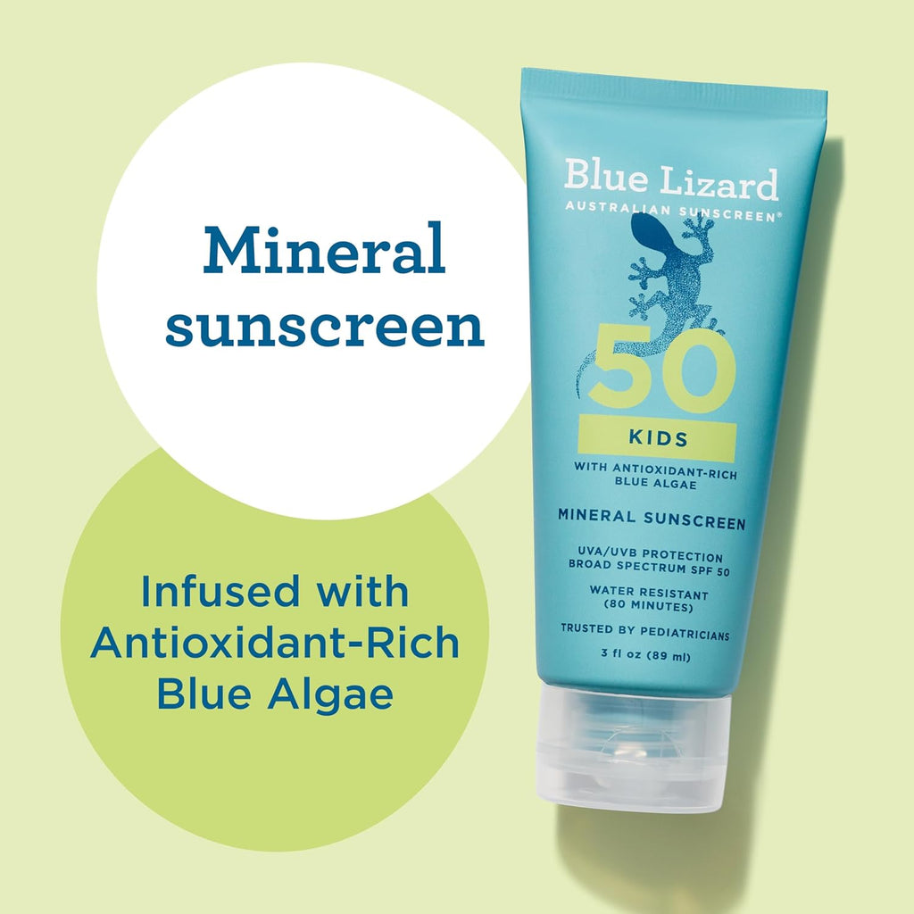 Blue Lizard Kids Mineral SPF 50 Sunscreen Lotion, 100% Mineral, Children's Sunscreen, Water-Resistant Formula, Paraben-Free, Fragrance-Free, 3 fl oz (Pack of 12)