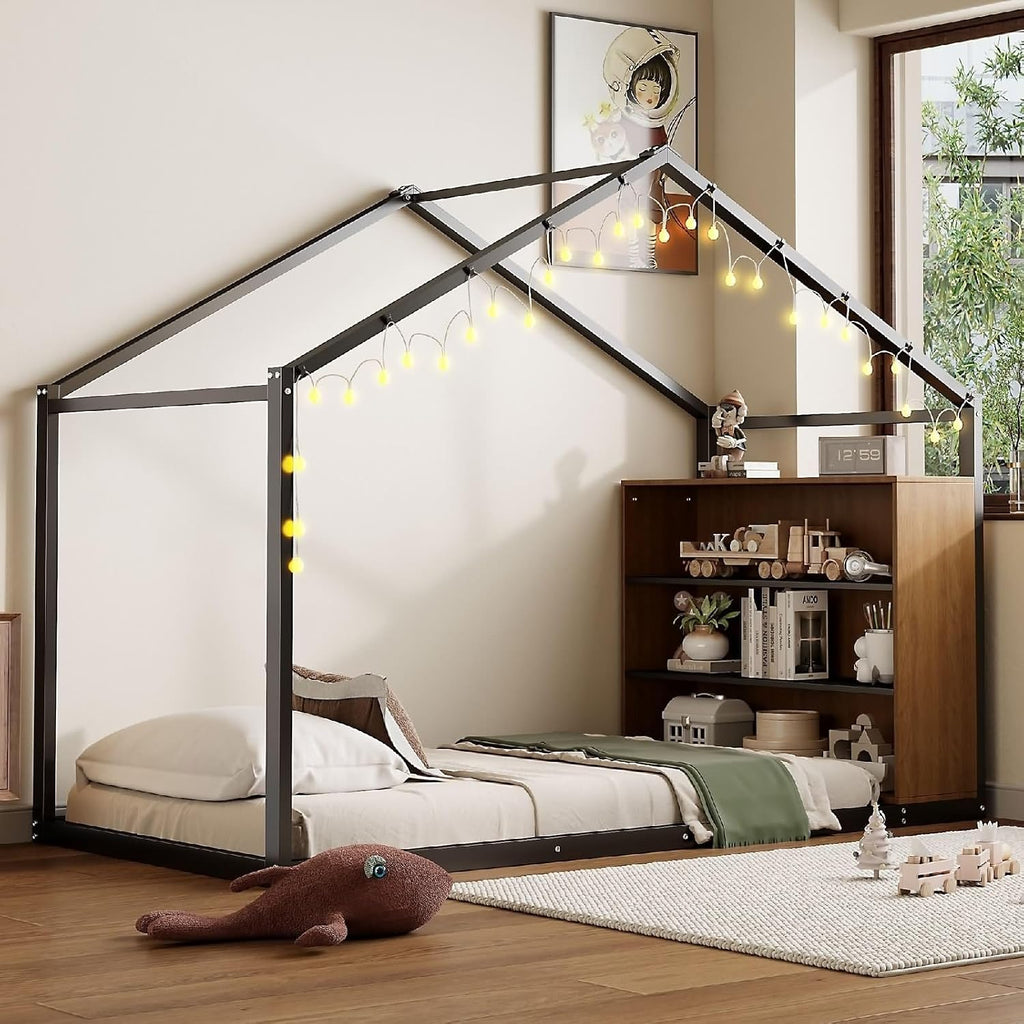 Bed Twin Size Set, Black Bed Frames with Shelves and Lights Metal & Wood 79.9' L x 40.6' W x 59.8' H