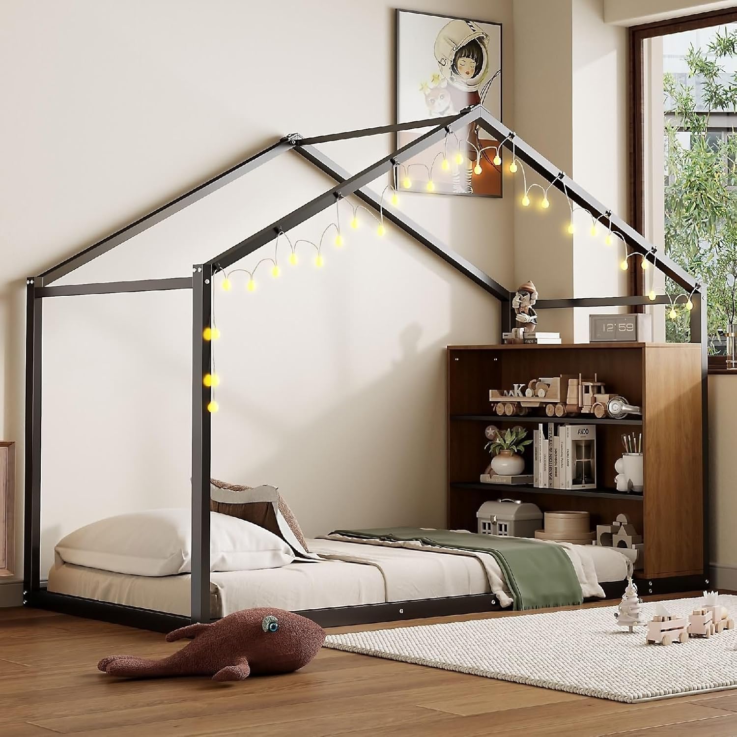 Bed Twin Size Set, Black Bed Frames with Shelves and Lights Metal & Wood 79.9' L x 40.6' W x 59.8' H