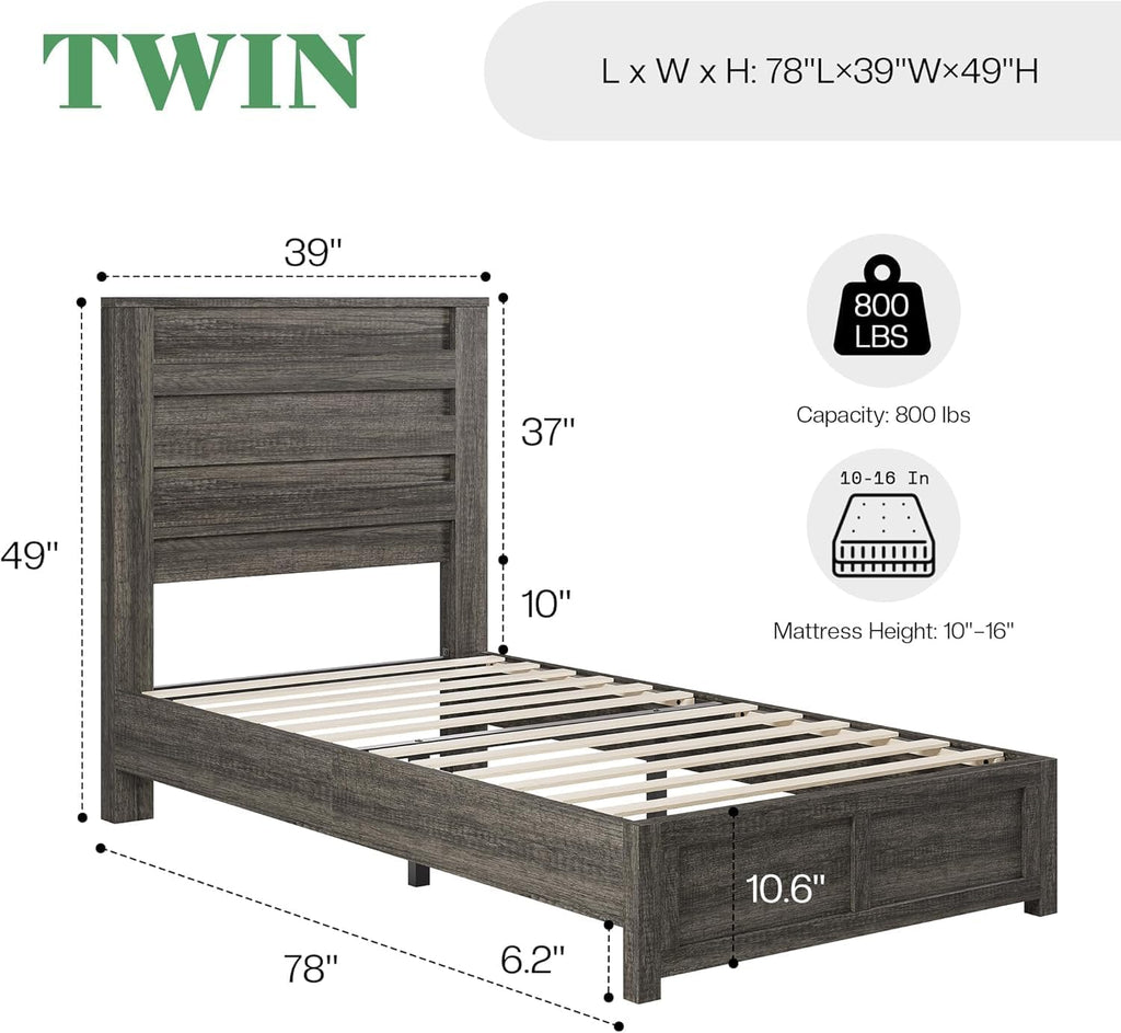 AMERLIFE Farmhouse Twin Platform Bed Frame with 49' Fluted Headboard, Wooden Bed with Natural Grain Finish, Noise-Free, No Box Spring Required, Easy Assembly, Grey
