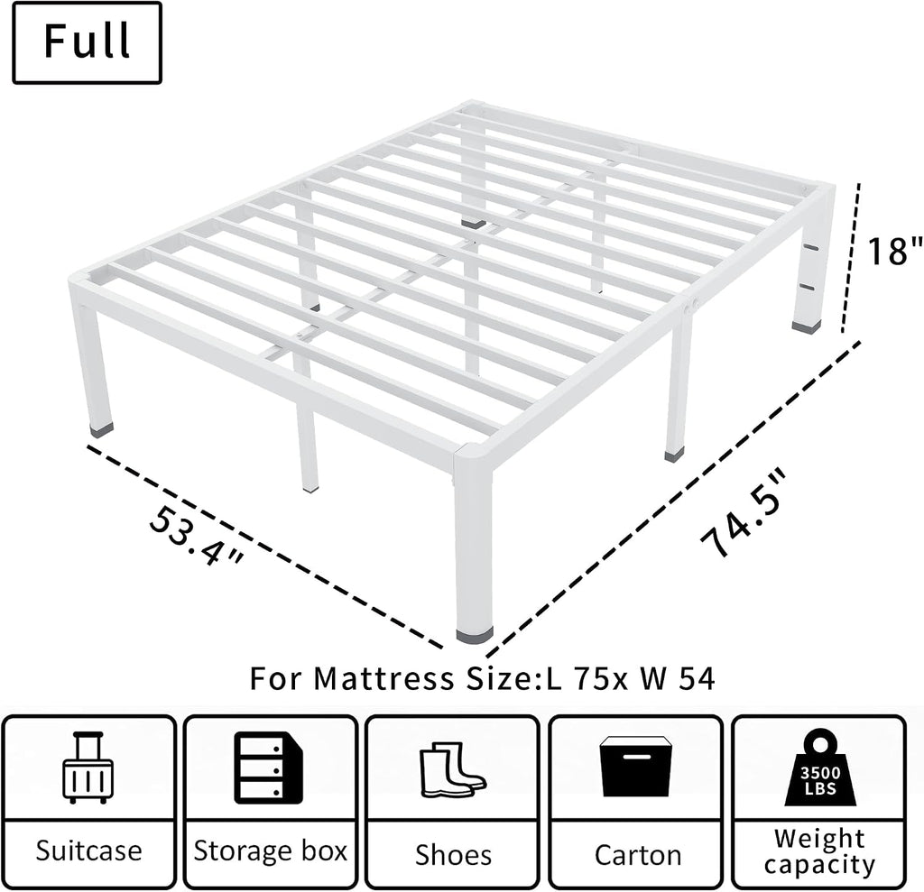ROIL 18 Inch White Full Size Bed Frame with Rounded Corner and Headboard Hole Mattress Retainers 3500LBS Heavy Duty Steel Slats No Box Spring Needed Platform Noise-Free Easy Assembly