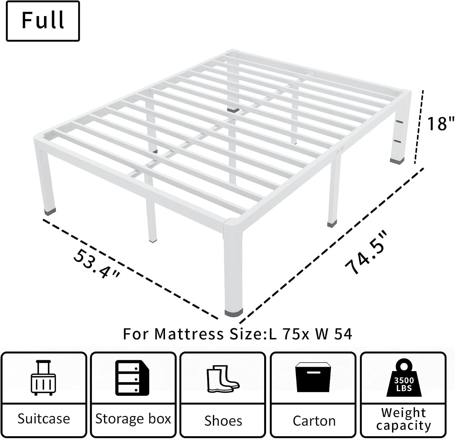ROIL 18 Inch White Full Size Bed Frame with Rounded Corner and Headboard Hole Mattress Retainers 3500LBS Heavy Duty Steel Slats No Box Spring Needed Platform Noise-Free Easy Assembly