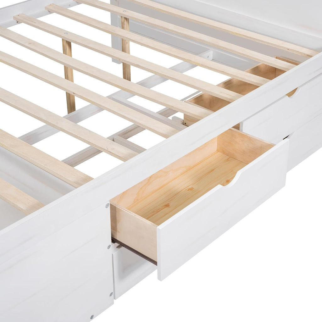 Full Size Daybed with 4 Pull-Out Drawers and 3 Functioning Shelves,Solid Wood Day Bed Frame with Wooden Slats Support for Bedroom,No Box Spring Required (White-AB41)