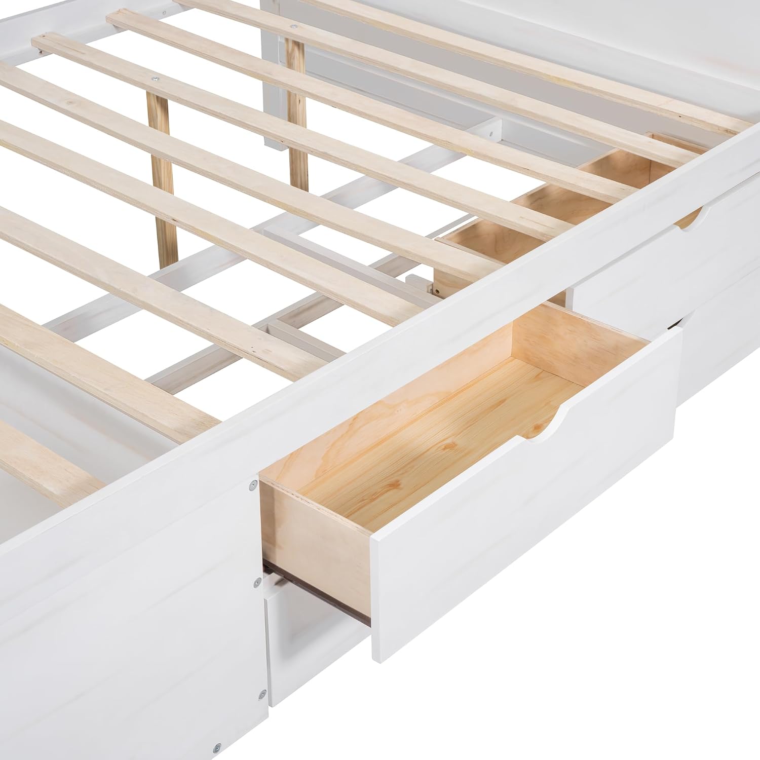 Full Size Daybed with 4 Pull-Out Drawers and 3 Functioning Shelves,Solid Wood Day Bed Frame with Wooden Slats Support for Bedroom,No Box Spring Required (White-AB41)