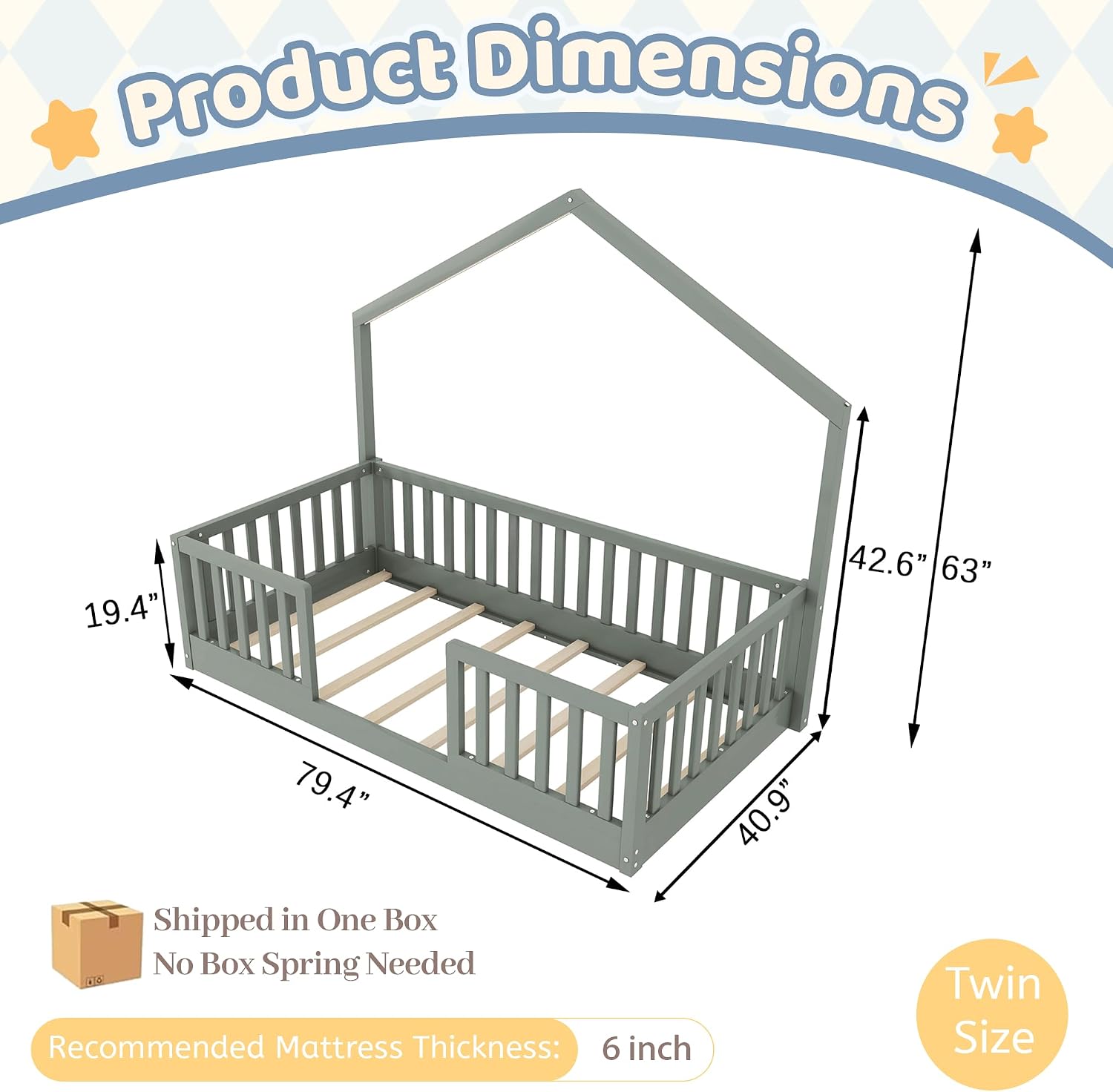 Twin Montessori Floor Bed with High Rails, Wooden Montessori House Bed Twin with Light & Slats, Low Profile Beds for Kids Girls Boys, Gray