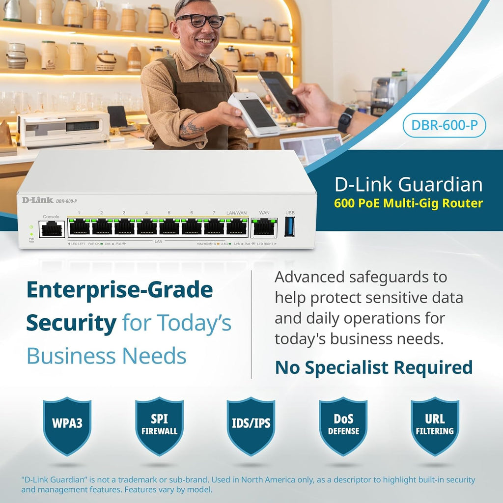 D-Link Guardian 600 PoE Multi-Gig Business Router (DBR-600-P), Premium Router with Multi-WAN Failover, SPI Firewall, 8X 2.5GbE PoE+ LAN, VPN