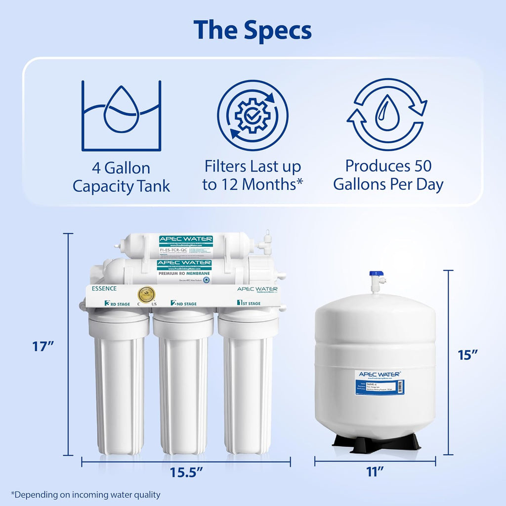 APEC Water ROES-50X 5-Stage Under Sink Reverse Osmosis Water Filter System, NSF Certified 372 & 58, 50 GPD, with Extra High Capacity Pre-Filter Set Stage 1-3