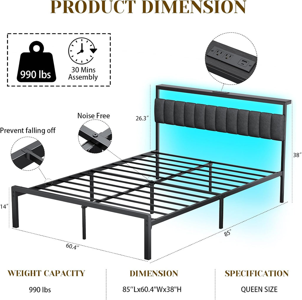Queen Bed Frame no Box Spring Needed, Bed Queen Size with Headboard & Led Lights & Charging Station, Queen Metal Bed Frame, Queen Bed Frames Noise-Free/Assembly Easily, Black Bed Frame Queen