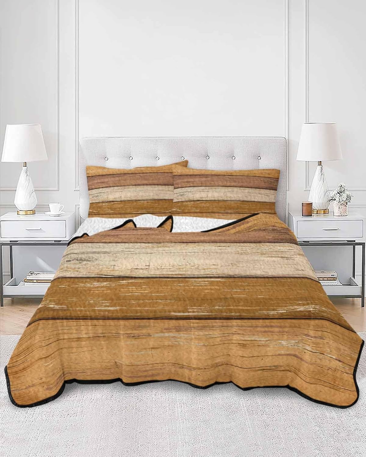 Quilt King Size Bedding Set, Farmhouse Yellow Brown Lightweight Summer Quilt 3 Pieces Bedding Sets, Vintage Wooden Striped Reversible Soft Bedspreads Coverlets with 2 Pillow Shams for All Season