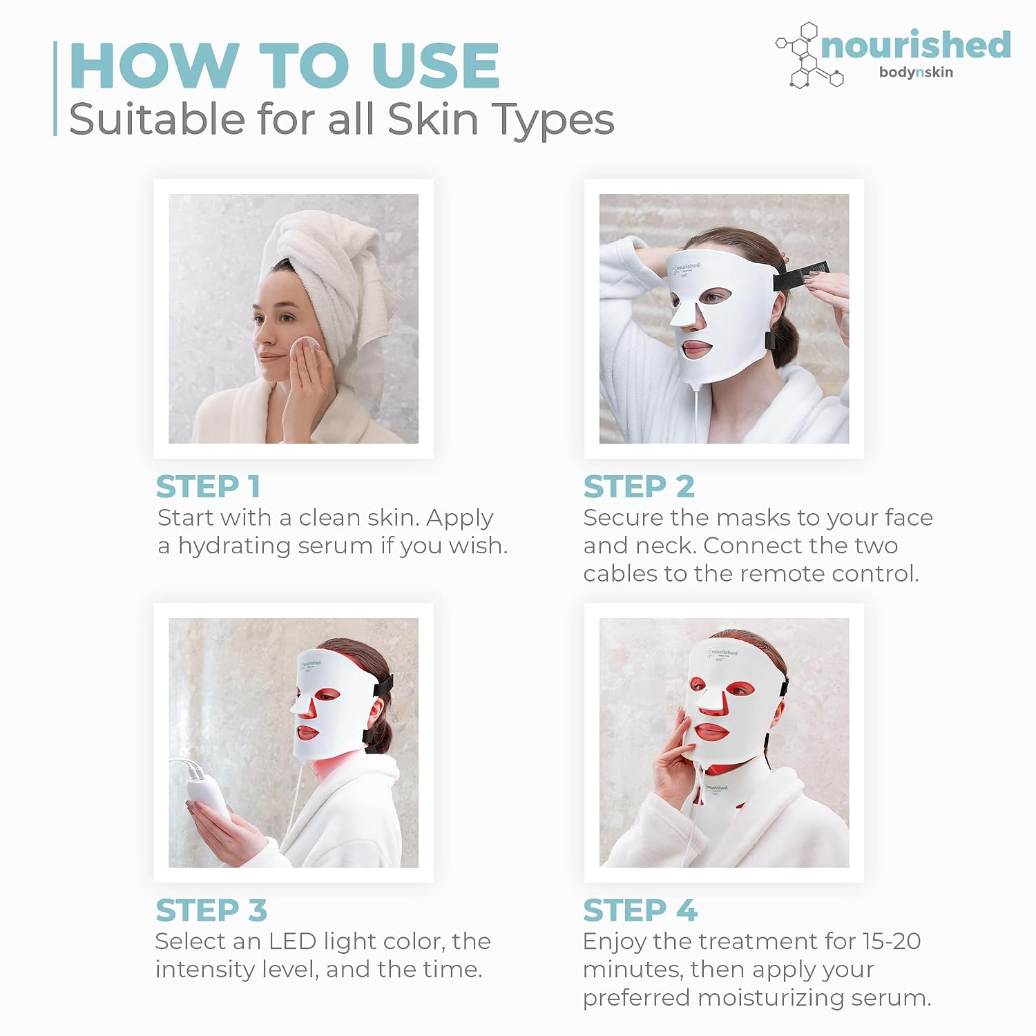 Nourished Bodynskin 7 Colors LED Face and Neck Mask with Near-Infrared - Blue, Red Light Therapy for Face - 912 LEDs - Skincare Tool for Anti-Aging