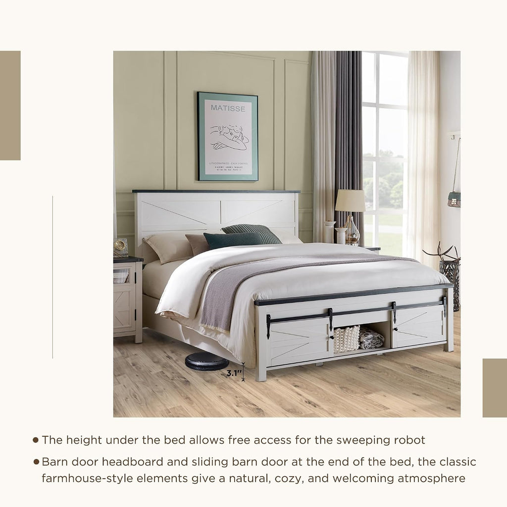 JXQTLINGMU Farmhouse Wood Bed Frame King Size with Sliding Barn Door Storage Cabinets and Headboard, Solid Wood Slats Support, Noiseless, No Box Spring Needed, Antique White