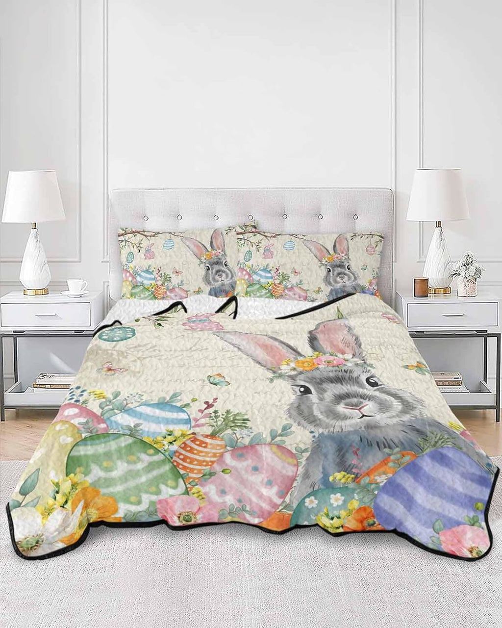 Quilt King Size Bedding Set, Easter Lightweight Summer Quilt 3 Pieces Bedding Sets, Spring Grey Bunny Colorful Eggs Tree Butterfly Reversible Soft Bedspreads Coverlets with 2 Pillow Shams