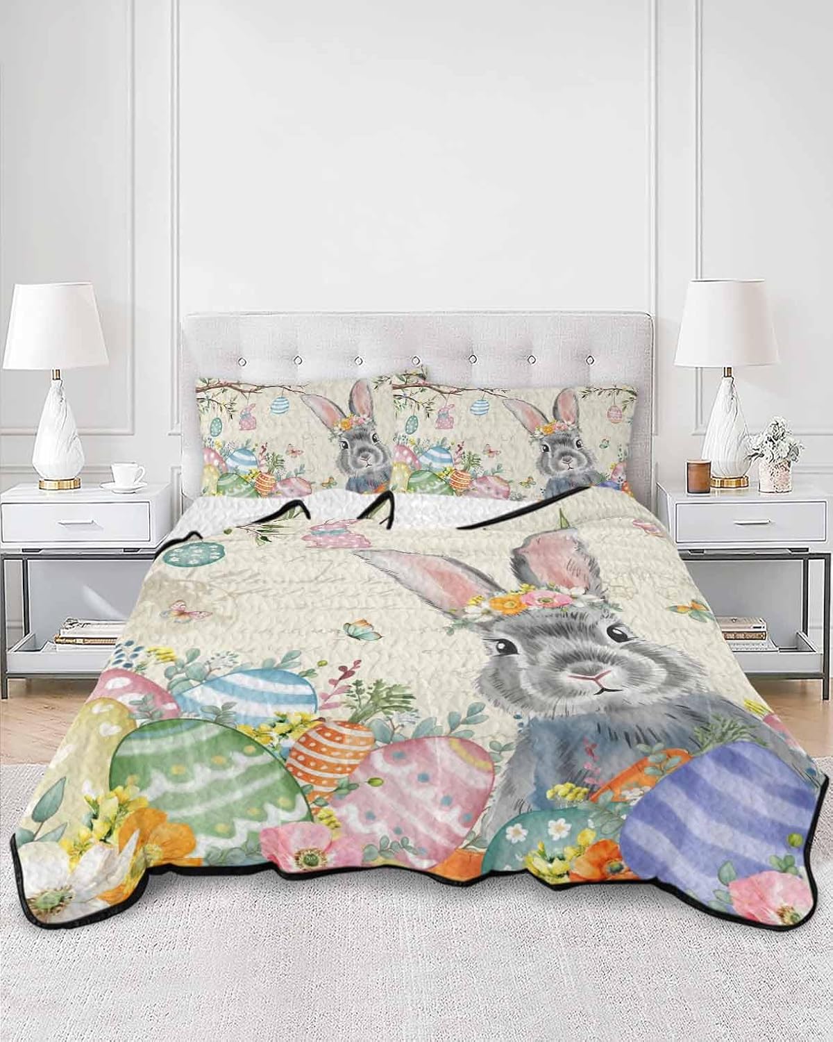 Quilt King Size Bedding Set, Easter Lightweight Summer Quilt 3 Pieces Bedding Sets, Spring Grey Bunny Colorful Eggs Tree Butterfly Reversible Soft Bedspreads Coverlets with 2 Pillow Shams
