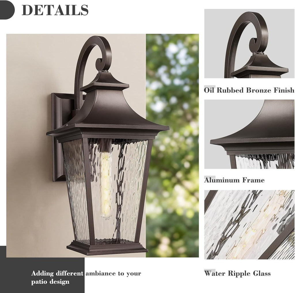 Emliviar 25.2' Outdoor Porch Light, Outside Wall Sconce Lamp for Front Yard, Rustic Exterior Lighting Waterproof in Oil Rubbed Bronze Finish, Water Ripple Glass, XE220B-SW ORB