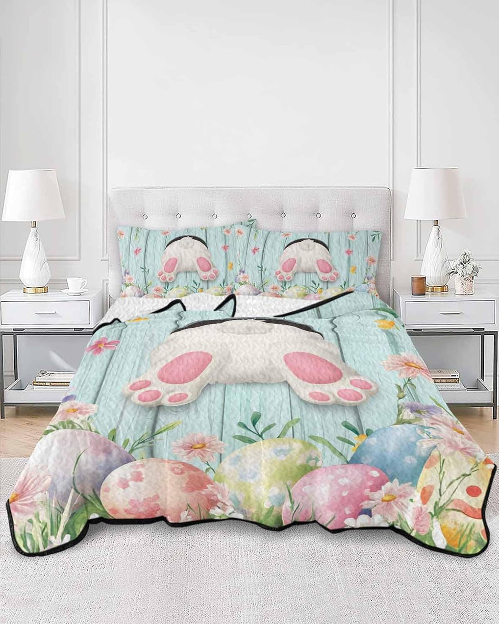 Quilt King Size Bedding Set, Easter Lightweight Summer Quilt 3 Pieces Bedding Sets, Spring Rabbit Feet Eggs Flower Green Wooden Grain Reversible Soft Bedspreads Coverlets with 2 Pillow Shams