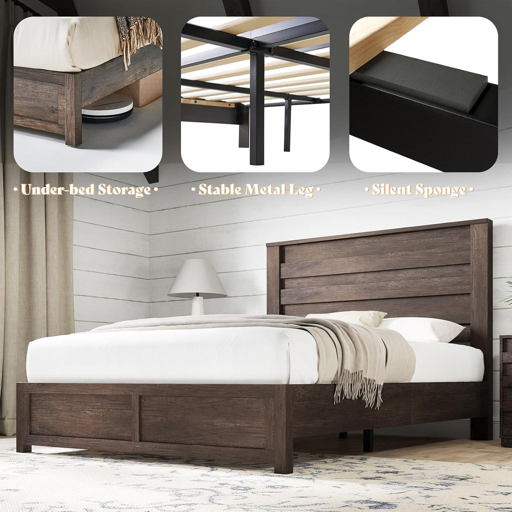 AMERLIFE Farmhouse Full Size Bed Frame with 49' Fluted Headboard, Platform Bed with Natural Wood Grain, No Box Spring Needed/Noise Free, Grey