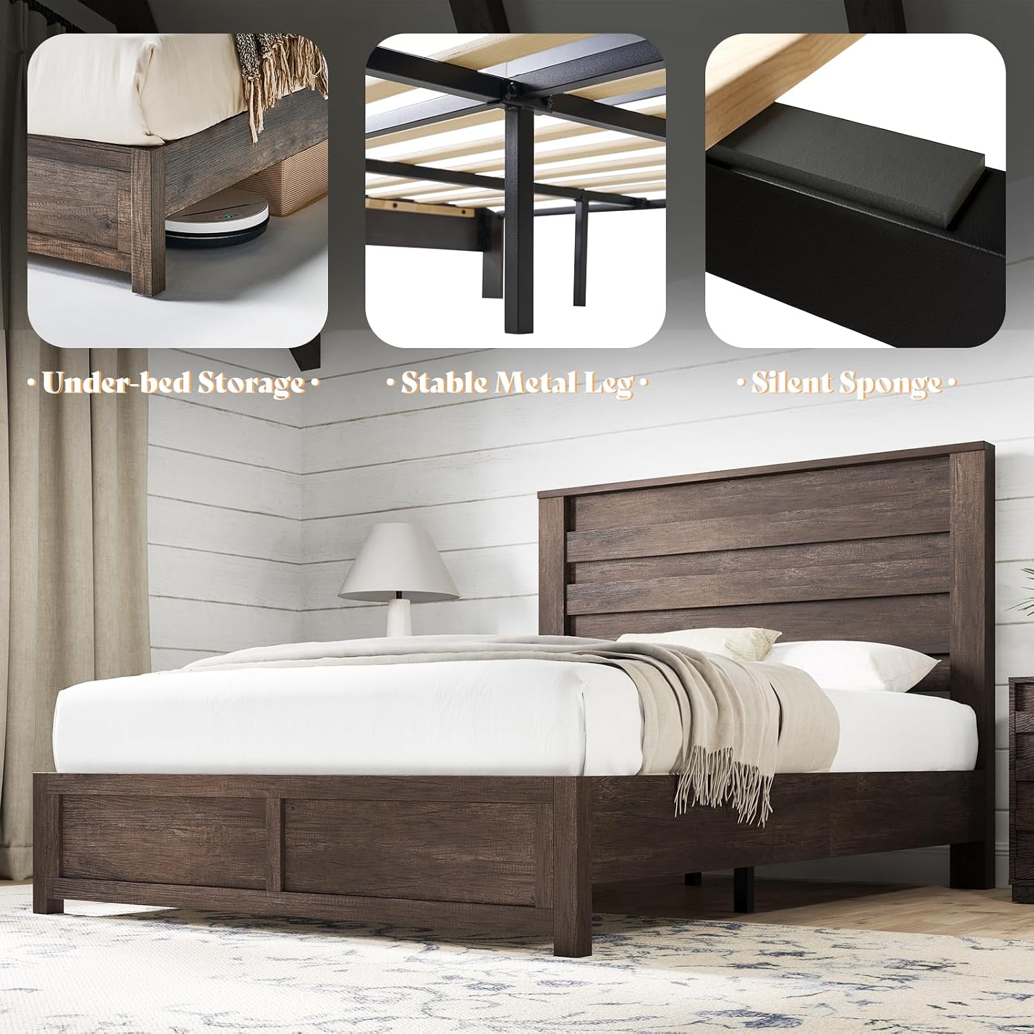 AMERLIFE Farmhouse Full Size Bed Frame with 49' Fluted Headboard, Platform Bed with Natural Wood Grain, No Box Spring Needed/Noise Free, Grey
