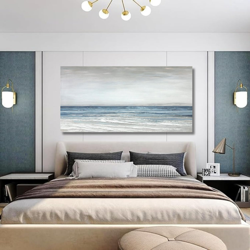 TRAIN2 ART Abstract Wall Art Painting Wall Decor Large Artwork Textured Blue and White Sea Background Canvas Wall Art for Living Room Bedroom Home Decor 28'x57'