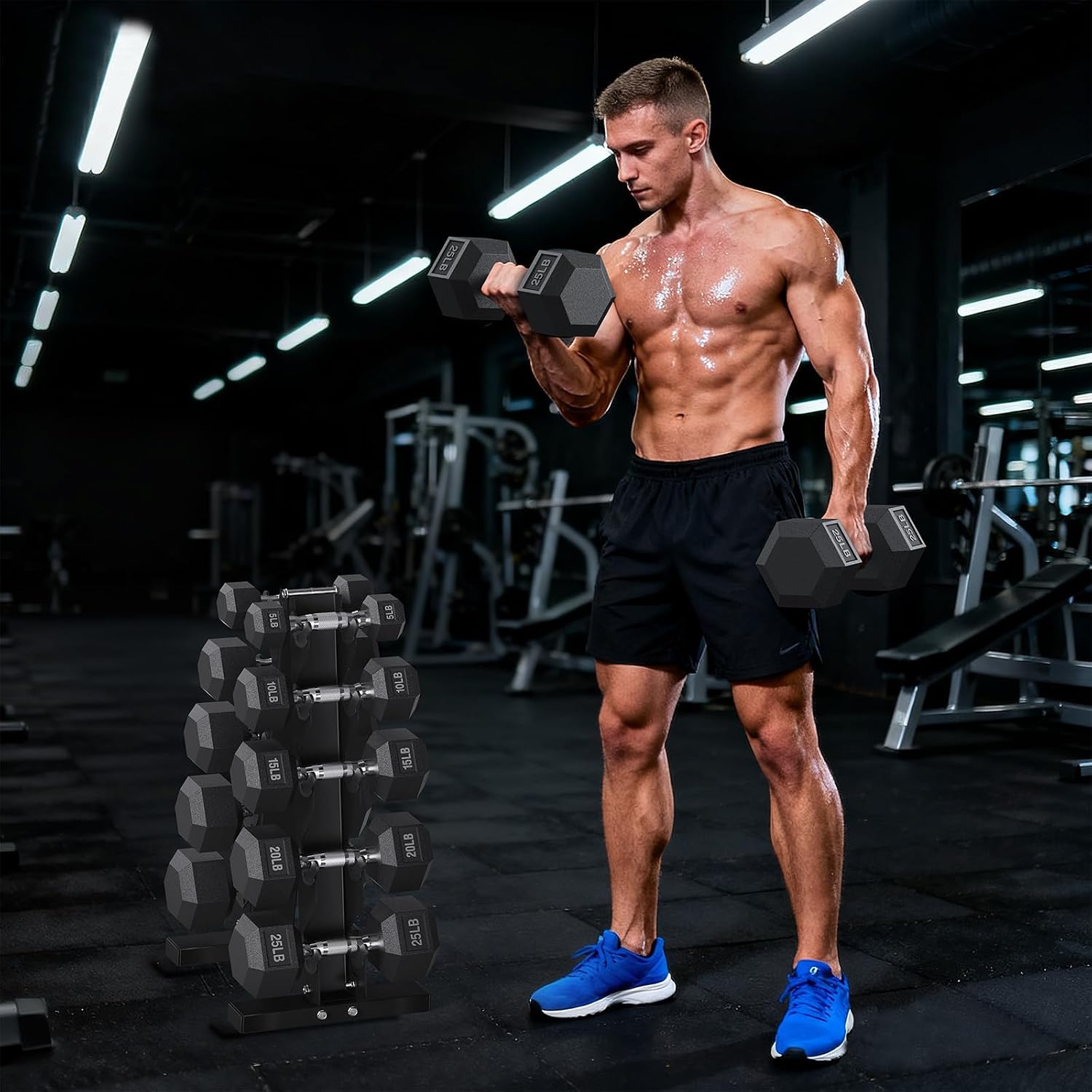 PAPABABE Dumbbell Set Rubber Encased Hex Dumbbell Free Weights Dumbbells Set Home Weight Set- 140 lb Set (Pair of 5, 8, 10, 12, 15, 20 lb with Rack)