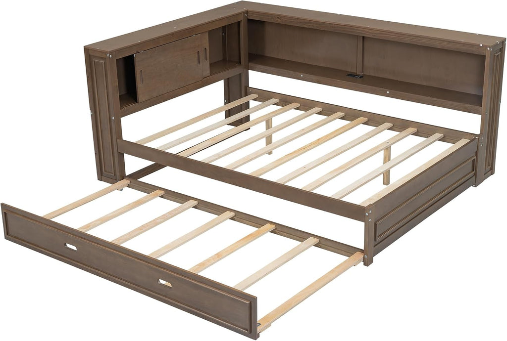Modern Full Size Daybed with Storage Shelves and Bookcase, L Shape Corner Bed with LED Lights & USB Ports, Full Wood Daybed with Trundle for Kids Teens Adults (Antique Wood-Q28)