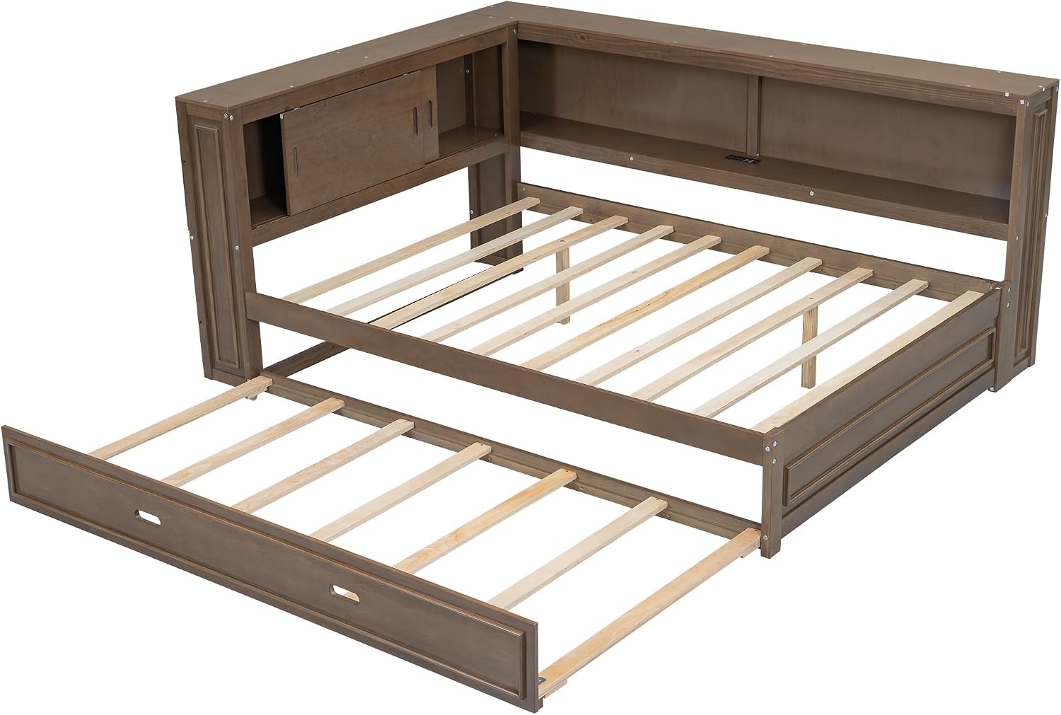 Modern Full Size Daybed with Storage Shelves and Bookcase, L Shape Corner Bed with LED Lights & USB Ports, Full Wood Daybed with Trundle for Kids Teens Adults (Antique Wood-Q28)