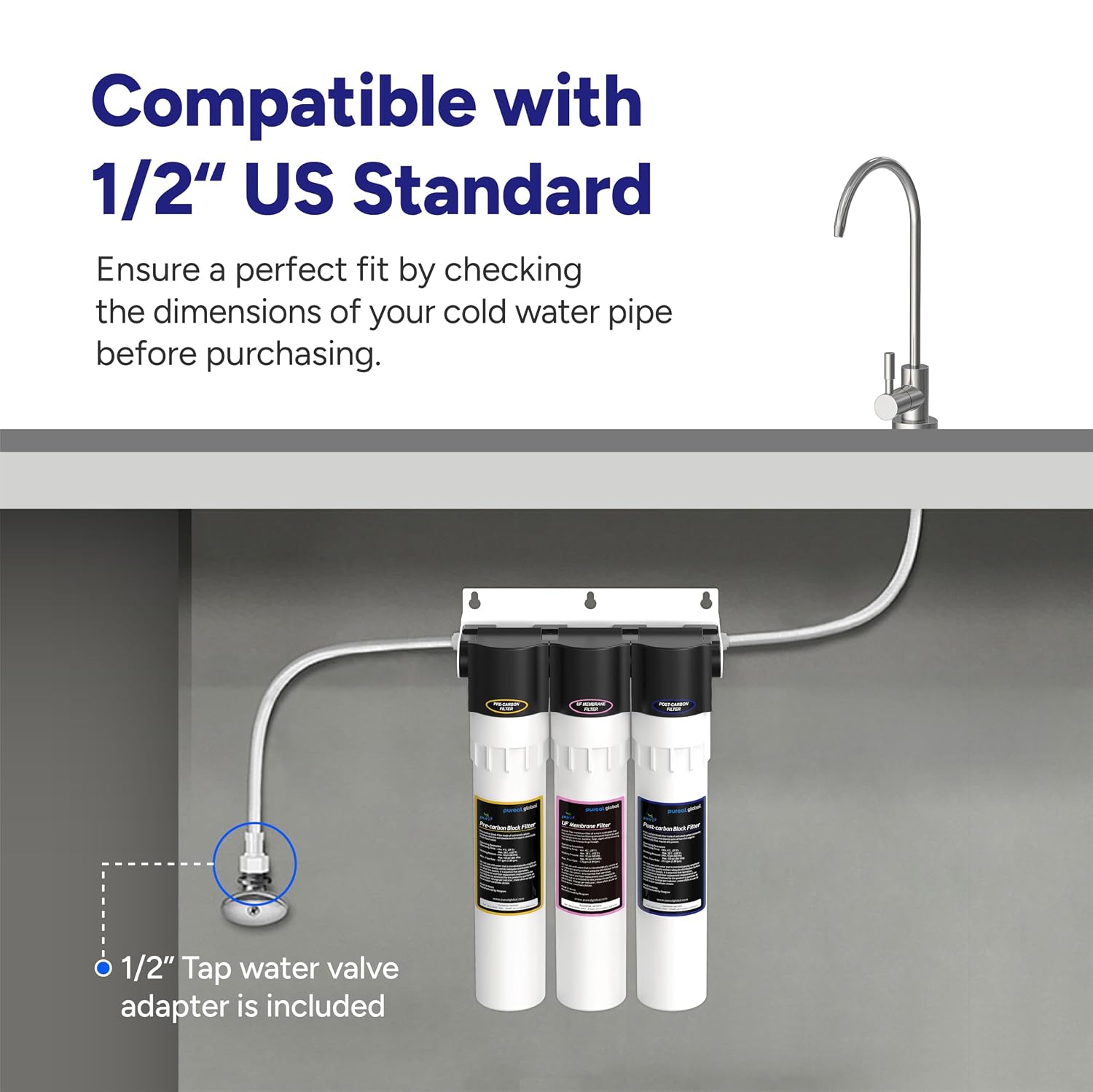 Puri-3 0.01μm UF Under Sink Water Filtration System PPU-1100UF, 3-Stage 5-Layer for Rust, Cyst, Chlorine, and Heavy Metals, Improves Taste and Odor with Stainless Steel Faucet