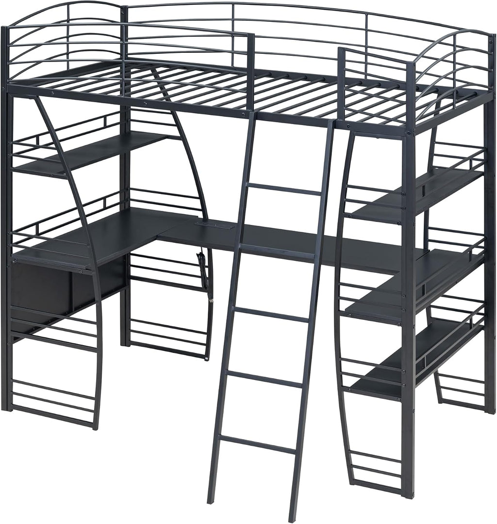 Metal Twin Size Loft Bed with 4 Layers of Shelves and L-Shaped Desk,a Set of Sockets, USB Ports and Wireless Charging,for Kids Teens Adults Bedroom (Twin, Black@Charging)
