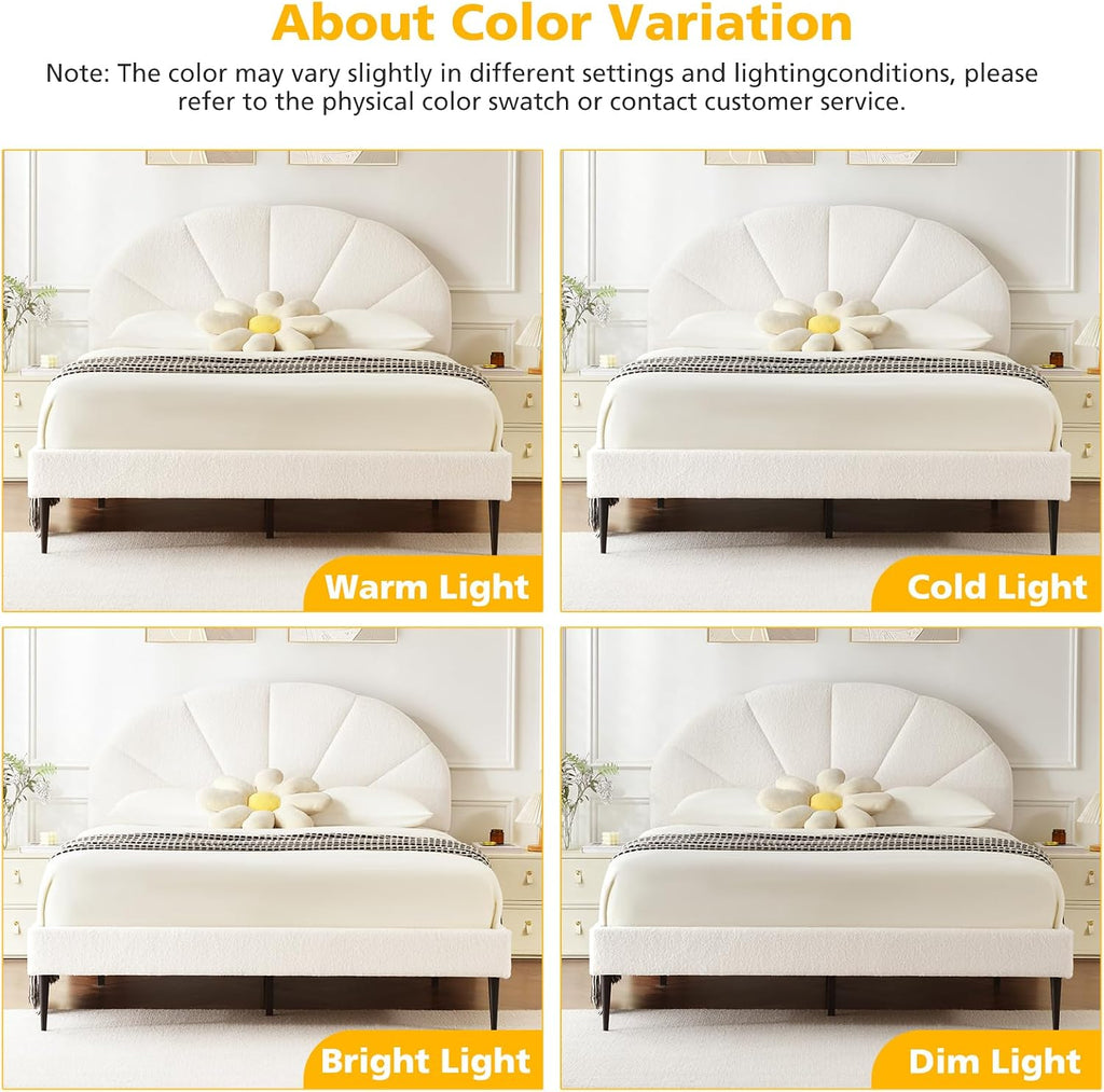 VELOCAVA Upholstered Queen Bed with Seashell Headboard, Soft Boucle Platform Bed with Rounded Corners Design, Wooden Slats Support, No Box Spring Needed, Easy Assembly, Cream White