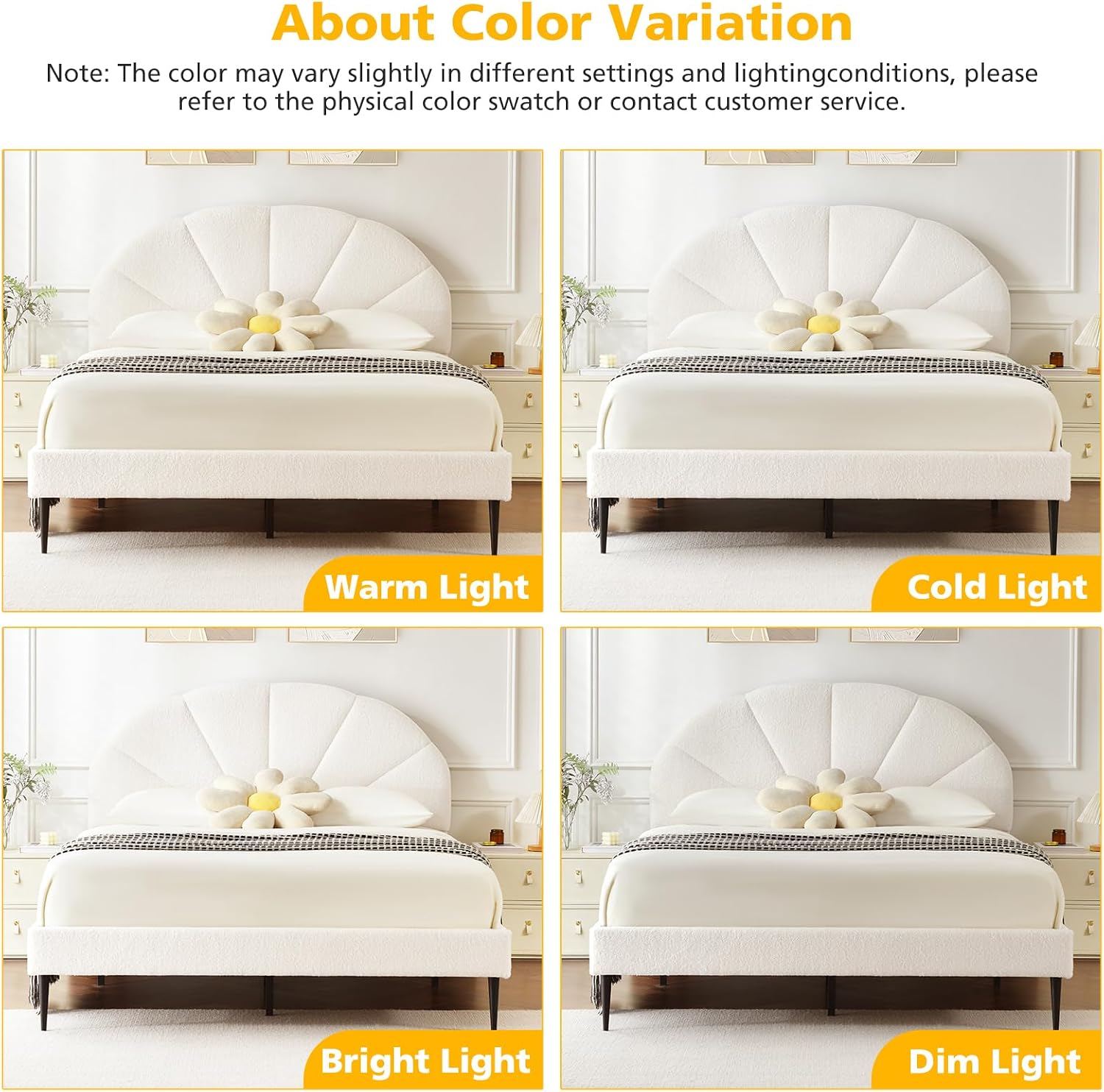 VELOCAVA Upholstered Queen Bed with Seashell Headboard, Soft Boucle Platform Bed with Rounded Corners Design, Wooden Slats Support, No Box Spring Needed, Easy Assembly, Cream White