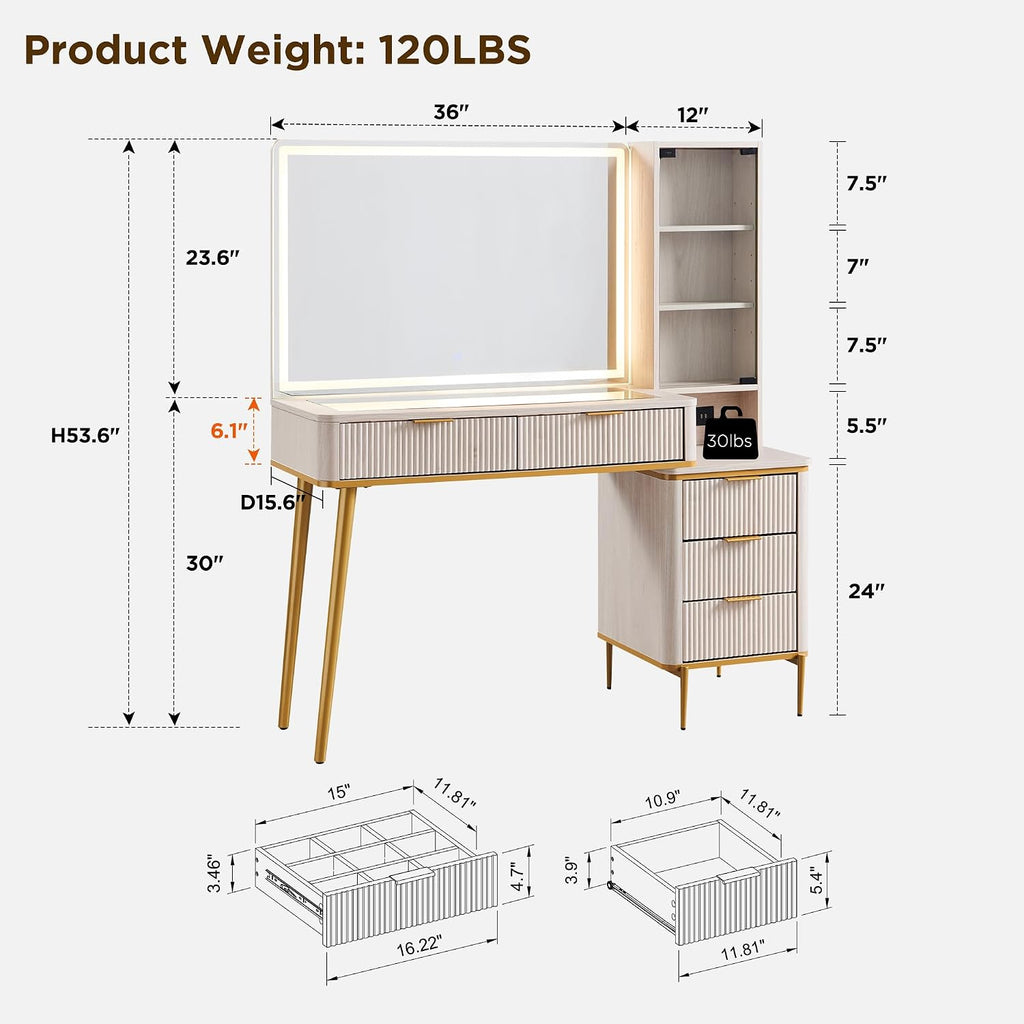 T4TREAM Fluted Makeup Vanity Desk with 36' HD Lighted Mirror, 48' Big Modern Vanity Desk with Mirror and Lights, Dressing Table with 5 Drawers & Shelves, Glass Top for Bedroom (Alder White)