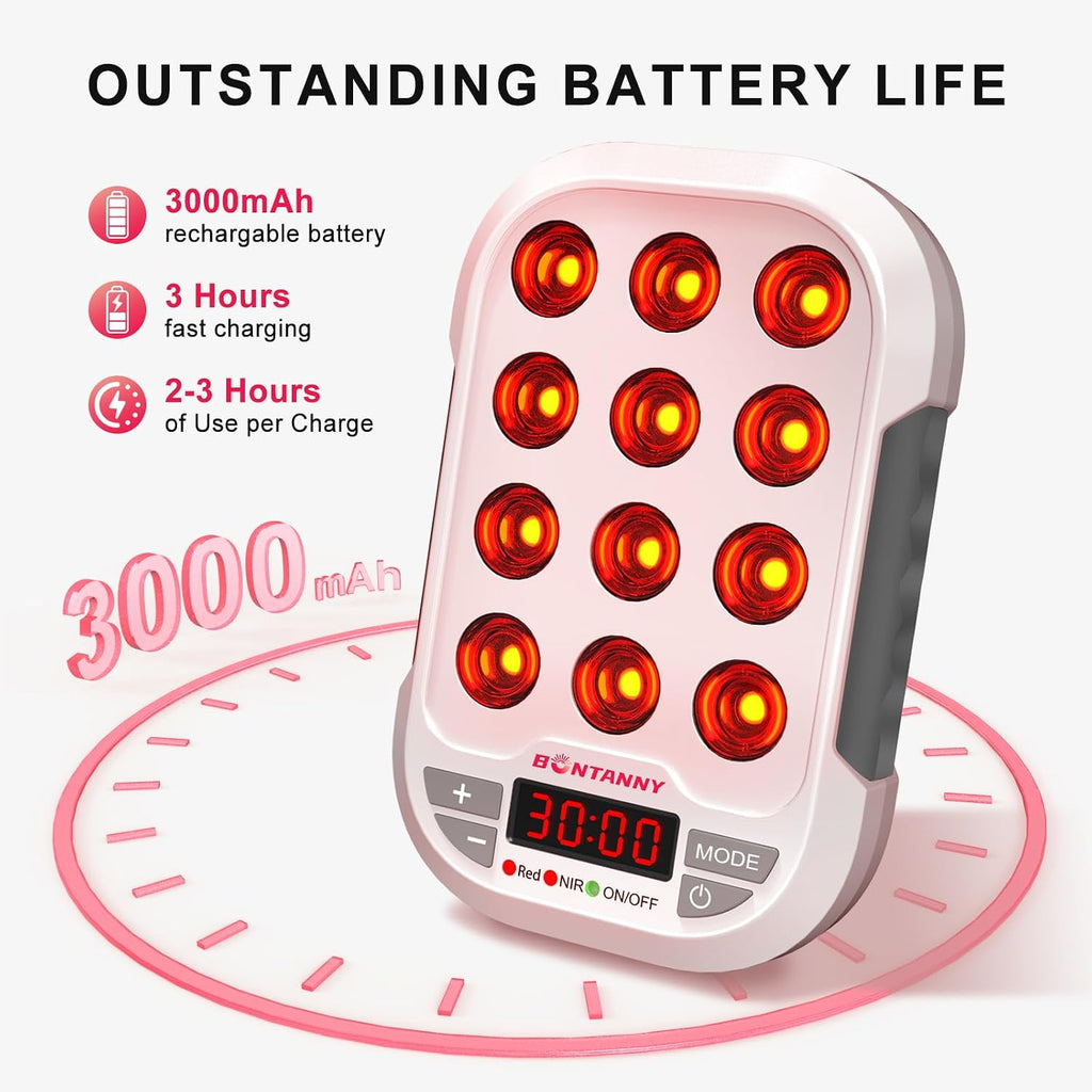 BONTANNY Portable Red Light Therapy, 660/850/1060nm 3 Wavelengths Mini Handheld Red Near Infrared Light Device, 12 Triple Chip Clinical Grade LEDs, Rechargeable, Travel Case, Timer, for Body, BO-60