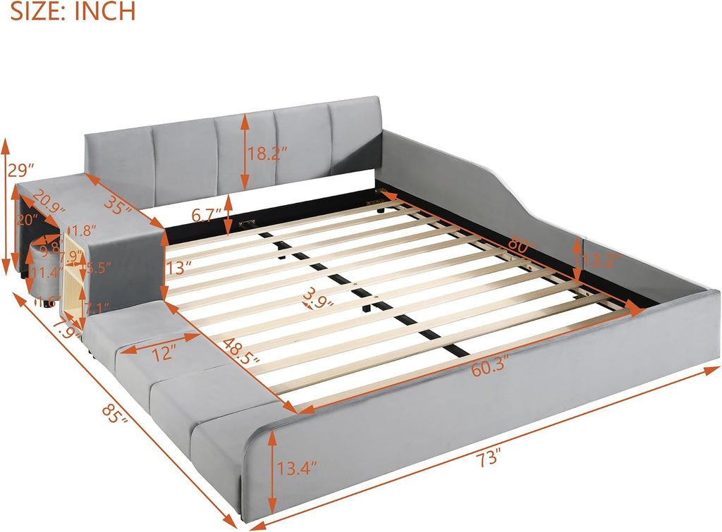Queen Size Upholstered Bed Frame with Bedside Desk and Little Round Stool, Modern Comfortable Soft Bed with Sturdy Slats Support, Mother & Child Bed for Kids Adults (Gray, Queen)