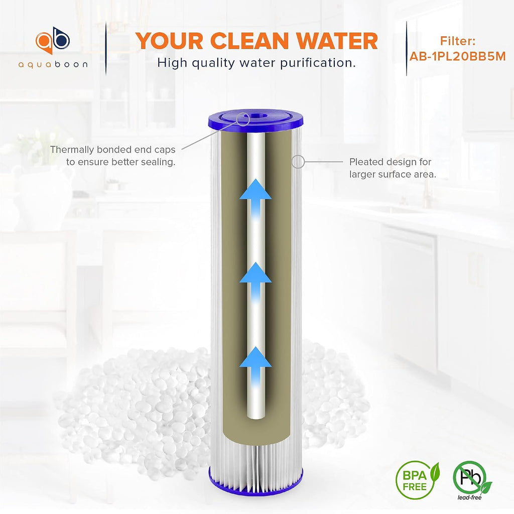 Aquaboon 5 Micron 20 x 4.5 Whole House Pleated Water Sediment Filter Replacement Water Filter Cartridge Compatible with ECP5-20BB, SPC-45-2005, 6-Pack