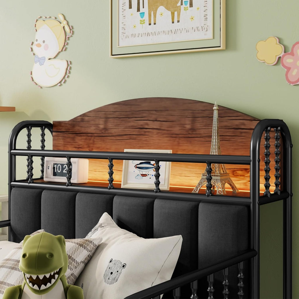 Modern Upholstered Platform Bed Frame with App Controlled LED Lights Storage Headboard Full Length Guardrails Low Profile Design Metal Structure for Bedroom (Black,Twin)